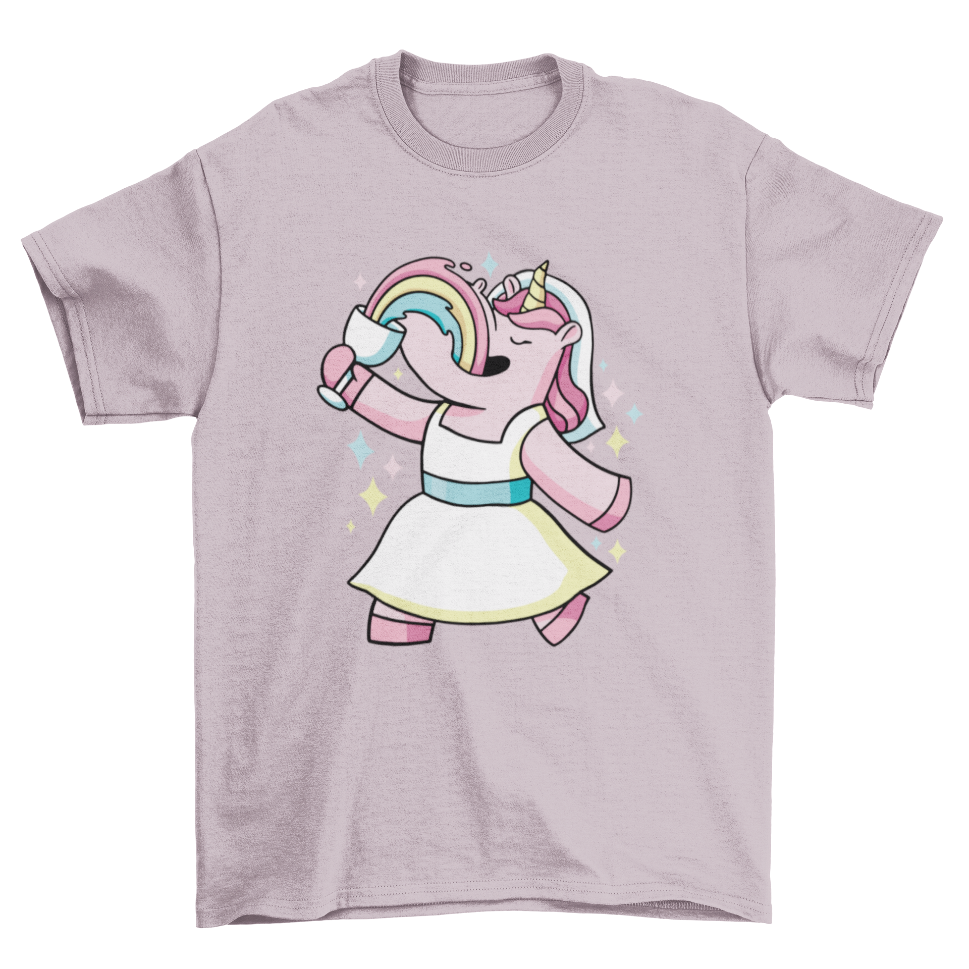 A whimsical t-shirt featuring a unicorn in a wedding dress, joyfully drinking wine from a glass, perfect for brides and unicorn lovers.