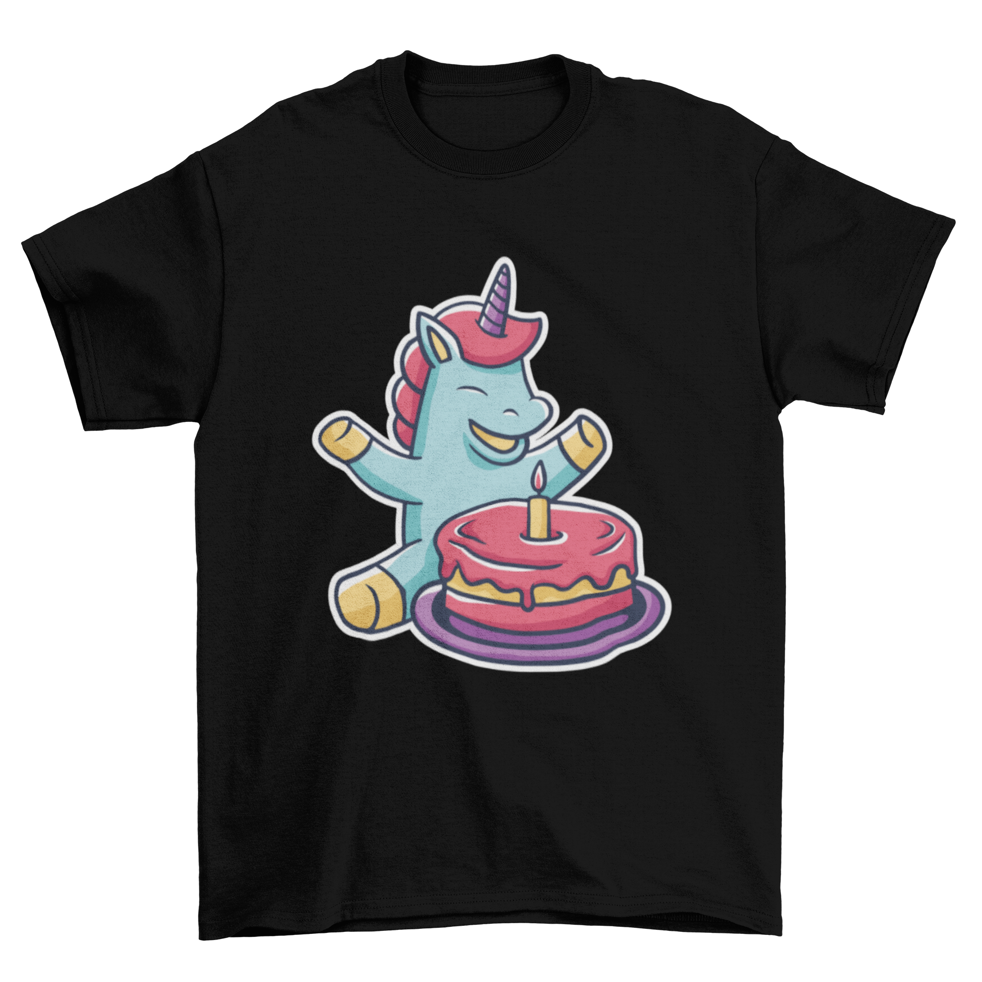 A colorful T-shirt featuring a cute baby unicorn next to a birthday cake, perfect for celebrations.