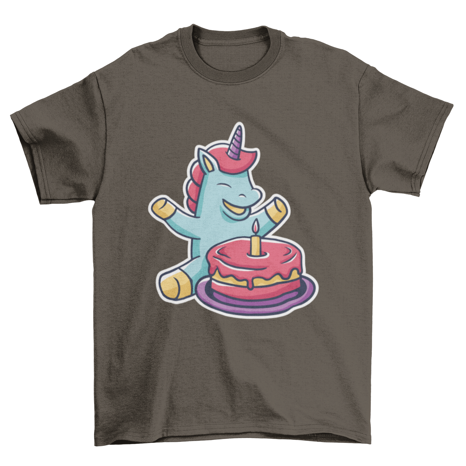 A colorful T-shirt featuring a cute baby unicorn next to a birthday cake, perfect for celebrations.