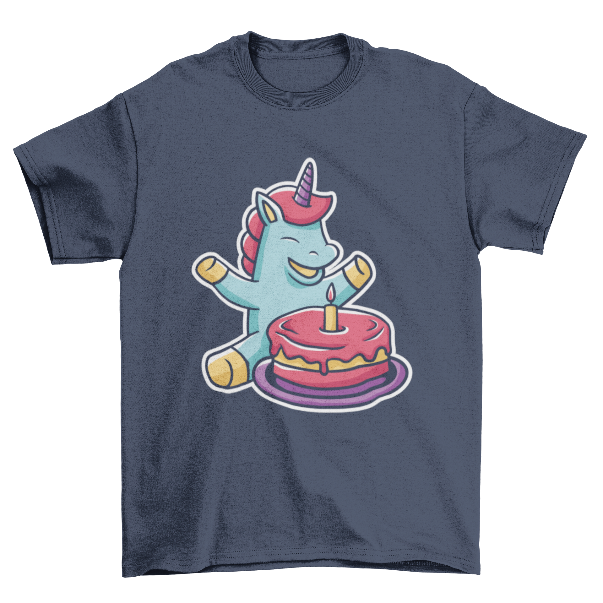 A colorful T-shirt featuring a cute baby unicorn next to a birthday cake, perfect for celebrations.