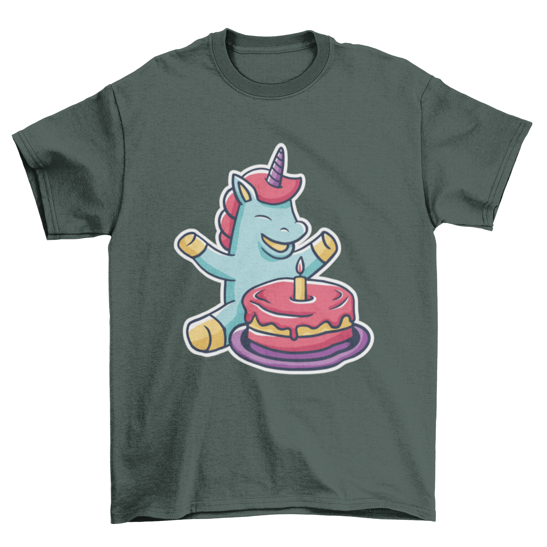 A colorful T-shirt featuring a cute baby unicorn next to a birthday cake, perfect for celebrations.