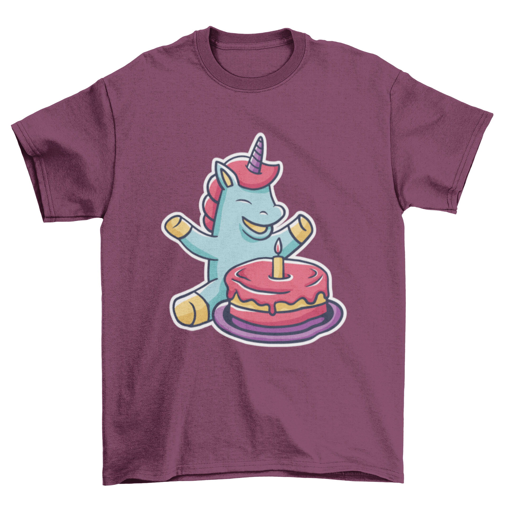A colorful T-shirt featuring a cute baby unicorn next to a birthday cake, perfect for celebrations.