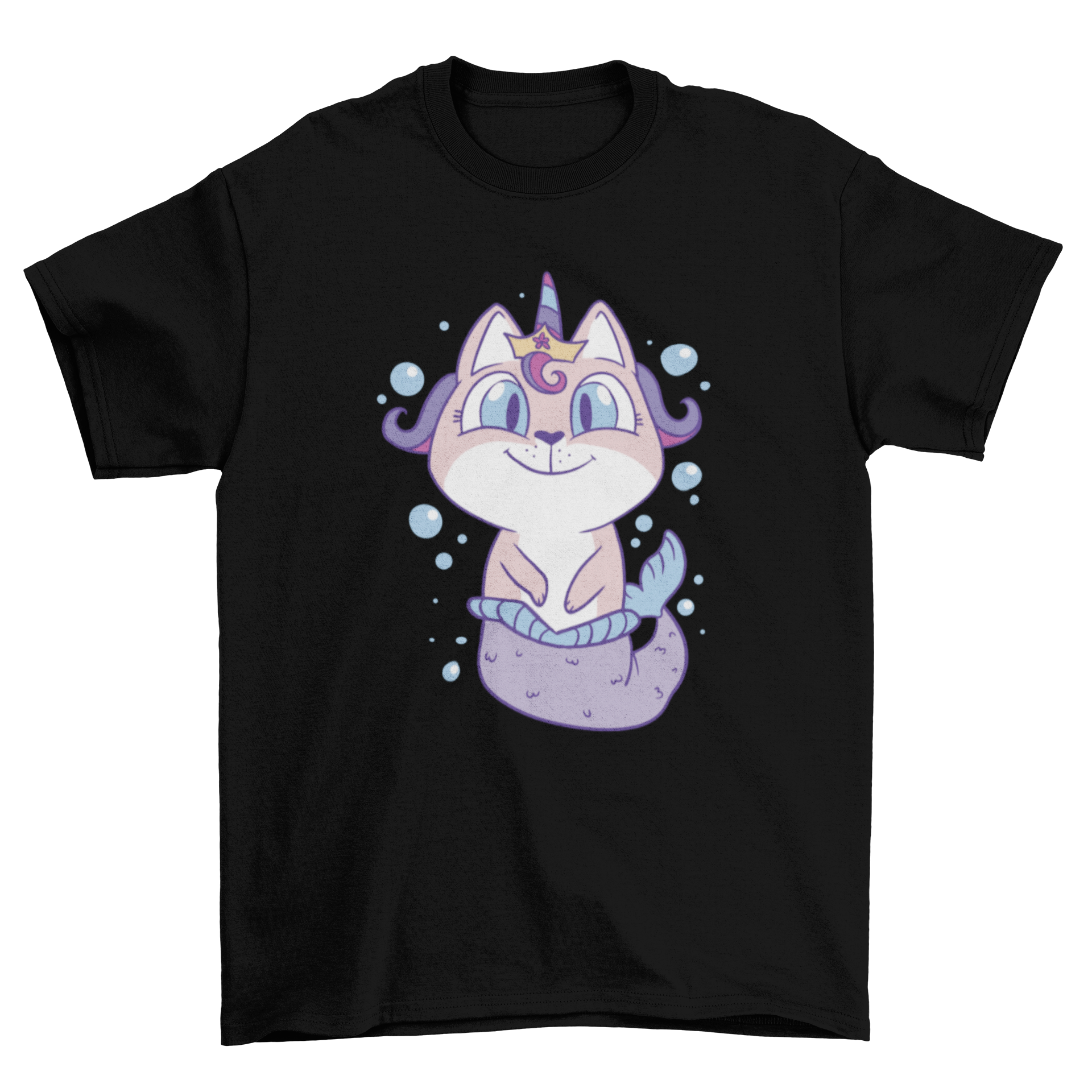 A whimsical t-shirt featuring a unicorn cat mermaid with a crown, showcasing vibrant colors and intricate details.