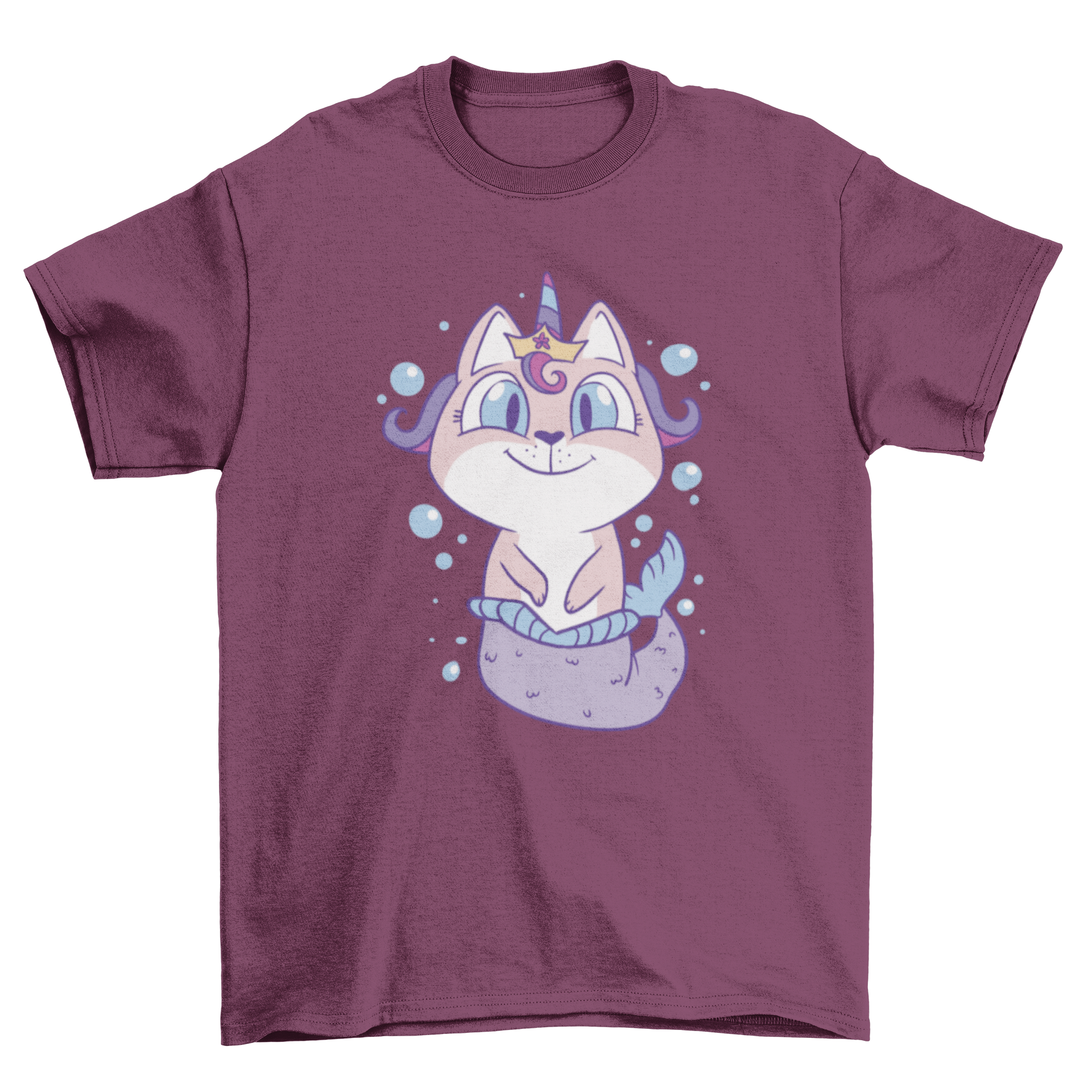 A whimsical t-shirt featuring a unicorn cat mermaid with a crown, showcasing vibrant colors and intricate details.