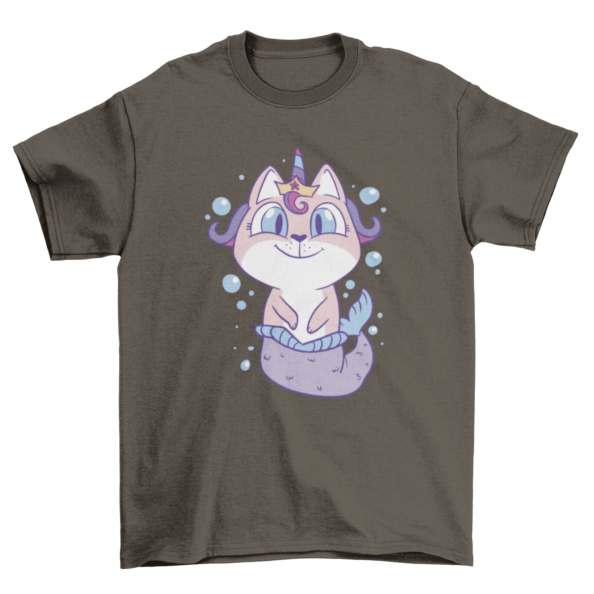 A whimsical t-shirt featuring a unicorn cat mermaid with a crown, showcasing vibrant colors and intricate details.