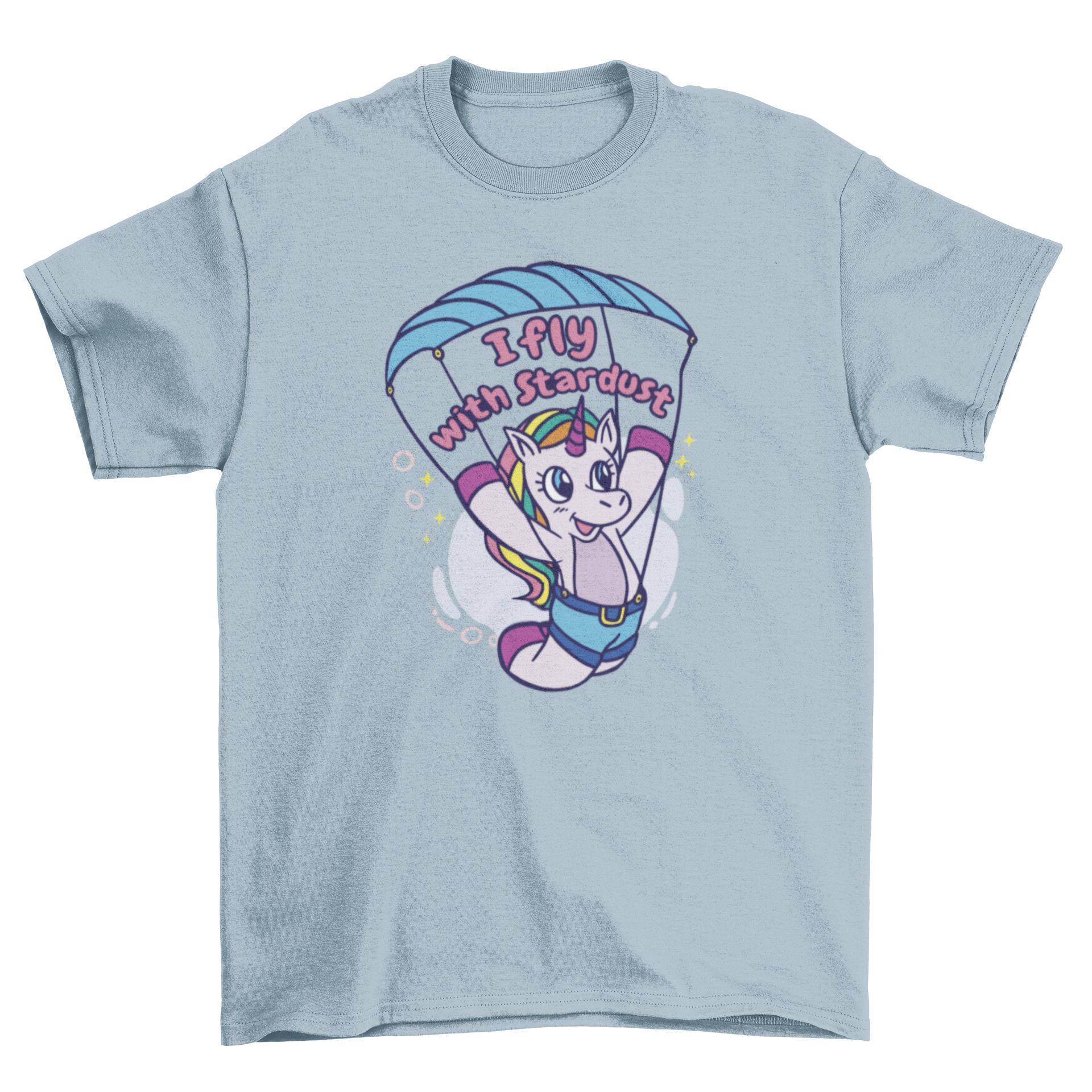 A whimsical t-shirt featuring a unicorn paragliding with a starry background and the quote 'I fly with stardust'.