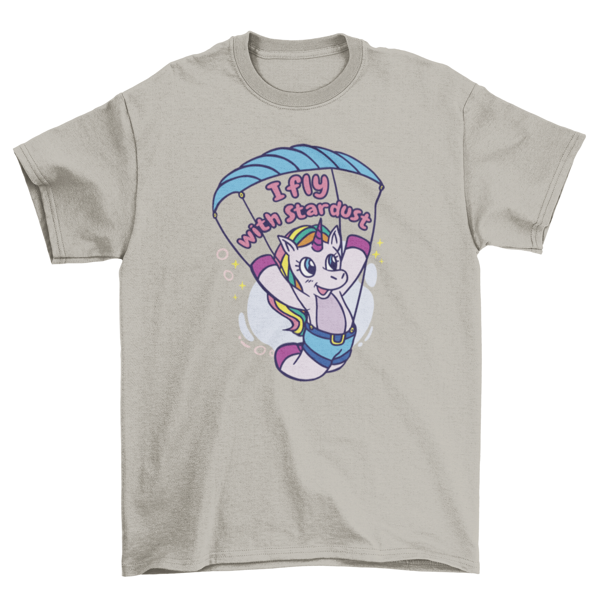 A whimsical t-shirt featuring a unicorn paragliding with a starry background and the quote 'I fly with stardust'.