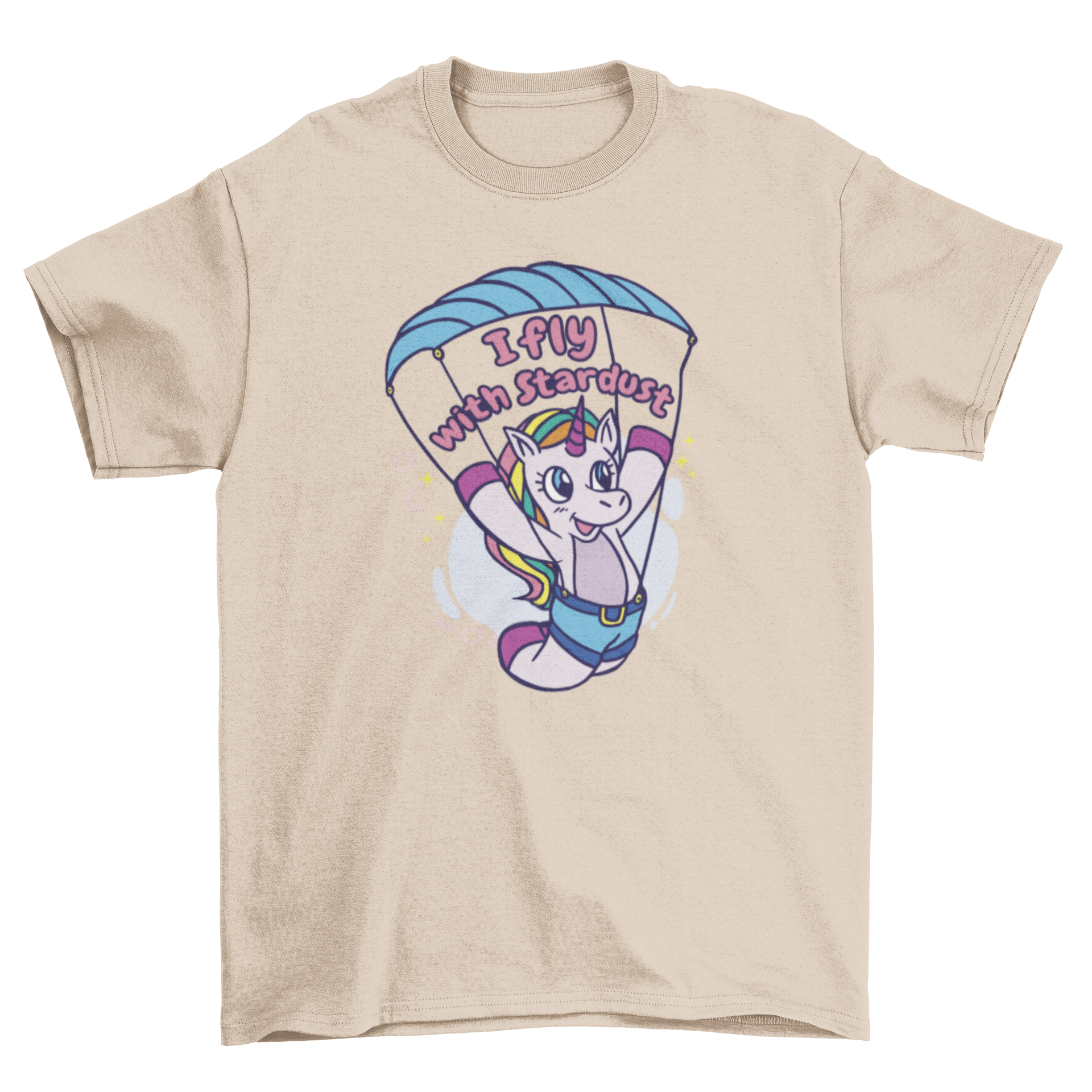 A whimsical t-shirt featuring a unicorn paragliding with a starry background and the quote 'I fly with stardust'.