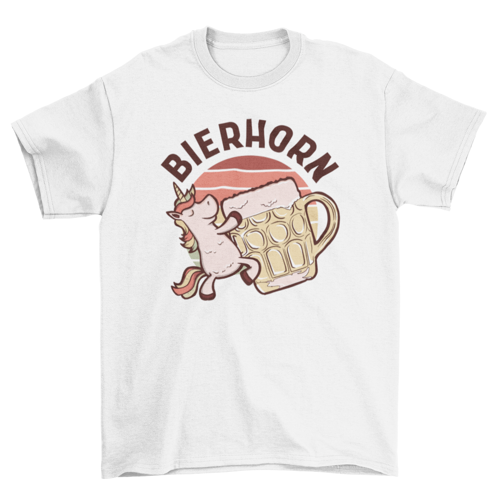 A colorful t-shirt featuring a happy unicorn drinking beer with the German text 'Bierhorn'.