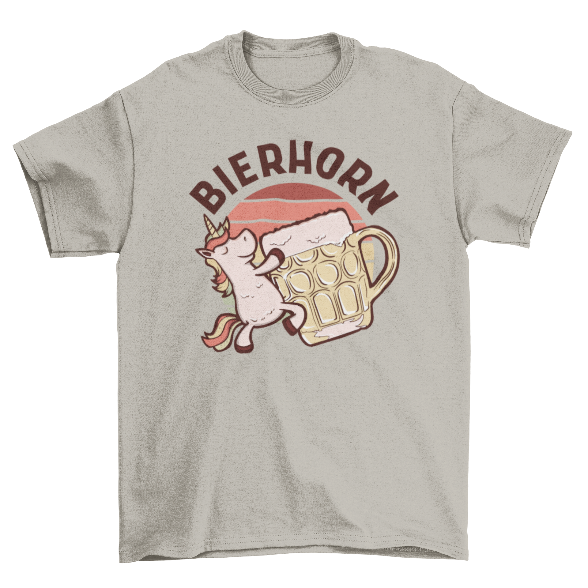 A colorful t-shirt featuring a happy unicorn drinking beer with the German text 'Bierhorn'.
