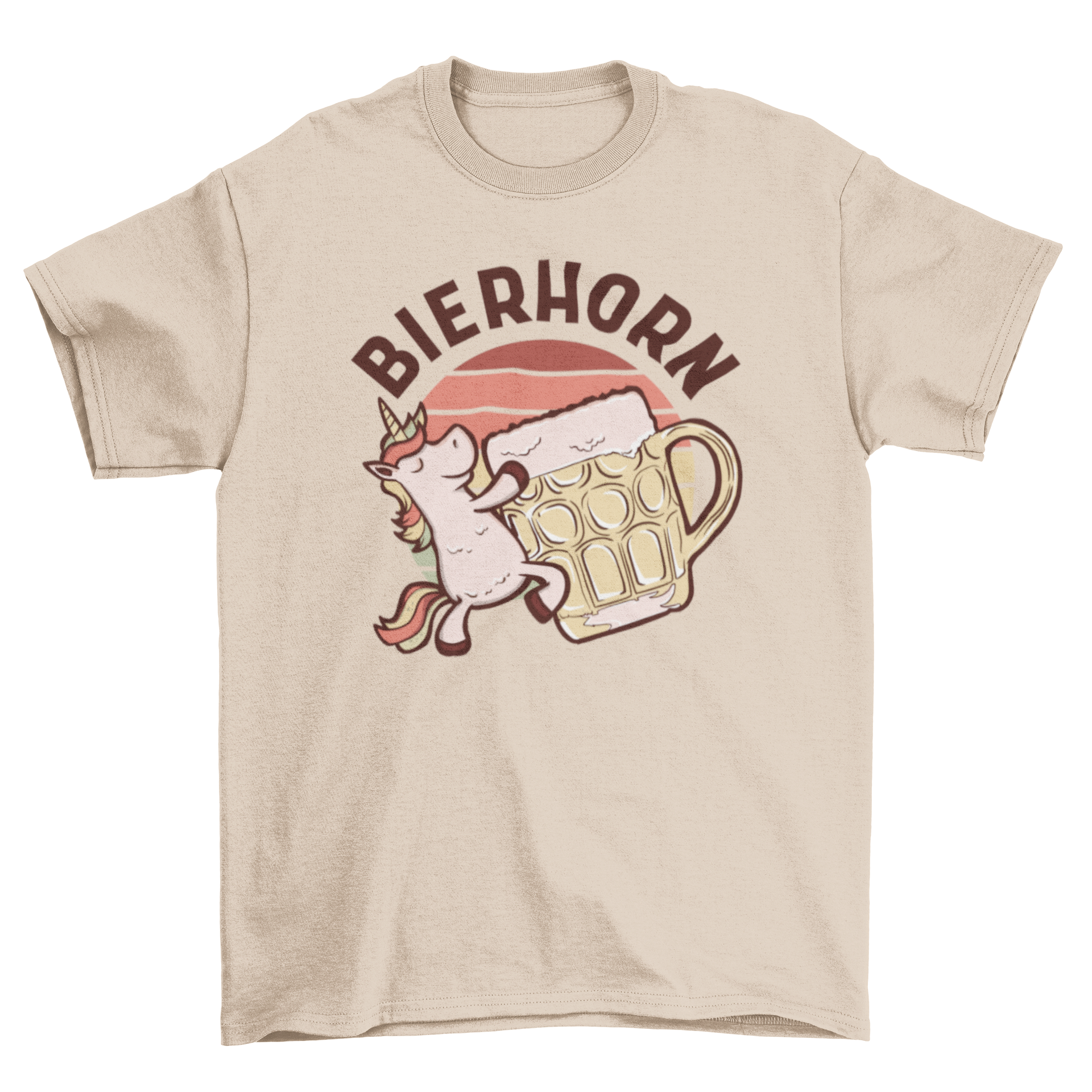 A colorful t-shirt featuring a happy unicorn drinking beer with the German text 'Bierhorn'.