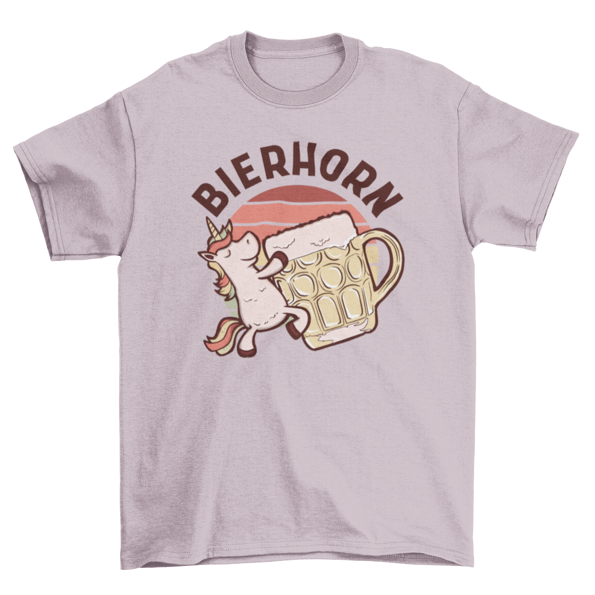 A colorful t-shirt featuring a happy unicorn drinking beer with the German text 'Bierhorn'.