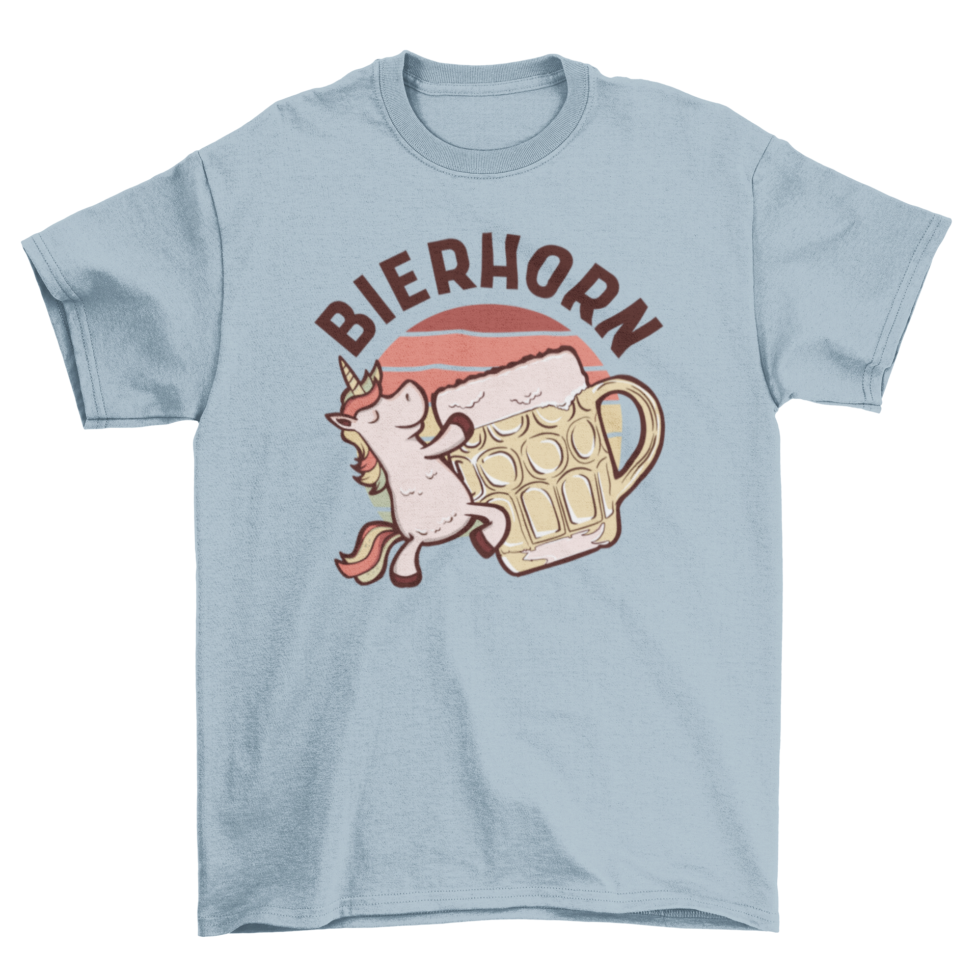 A colorful t-shirt featuring a happy unicorn drinking beer with the German text 'Bierhorn'.