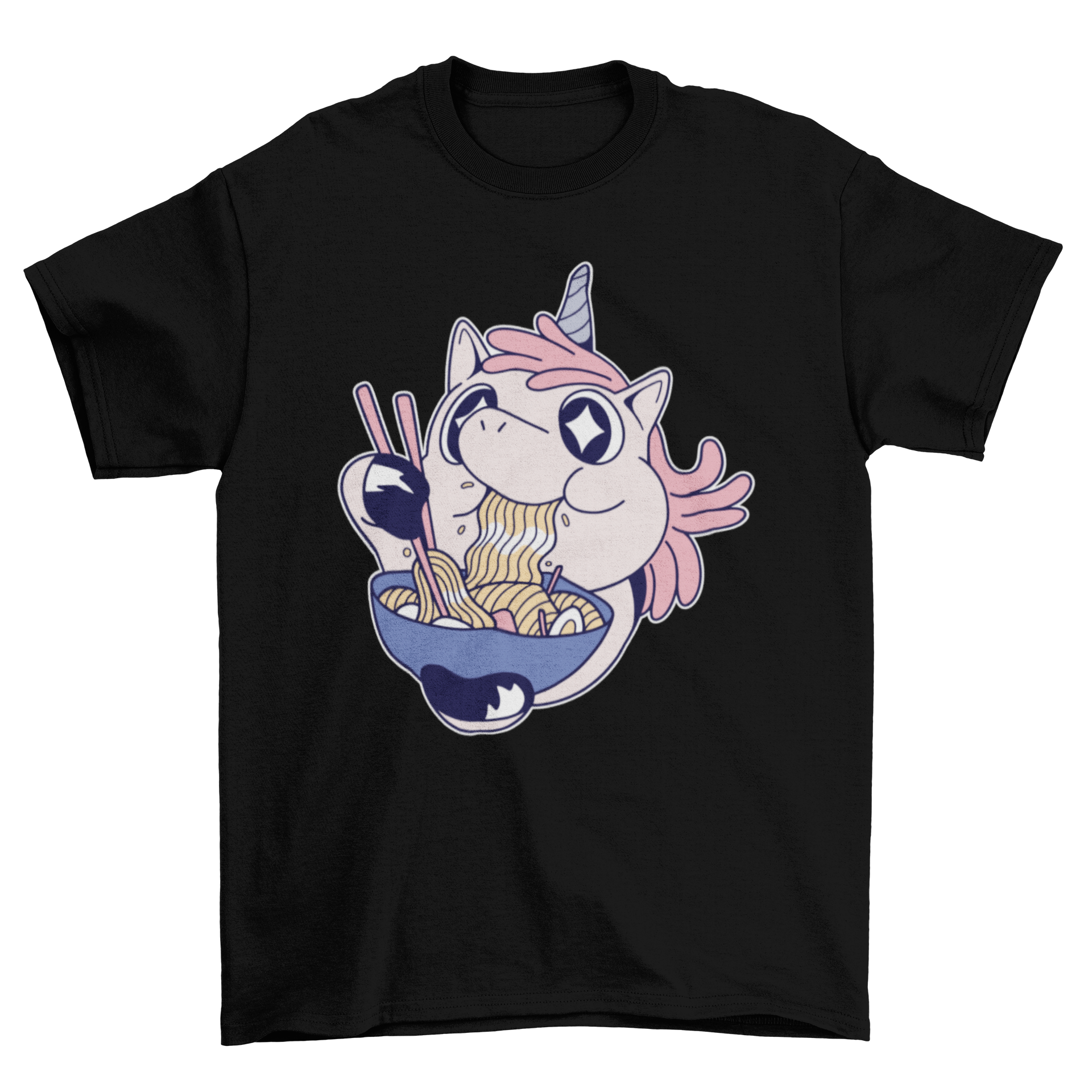 A cute t-shirt featuring a unicorn happily eating ramen, showcasing a whimsical design.