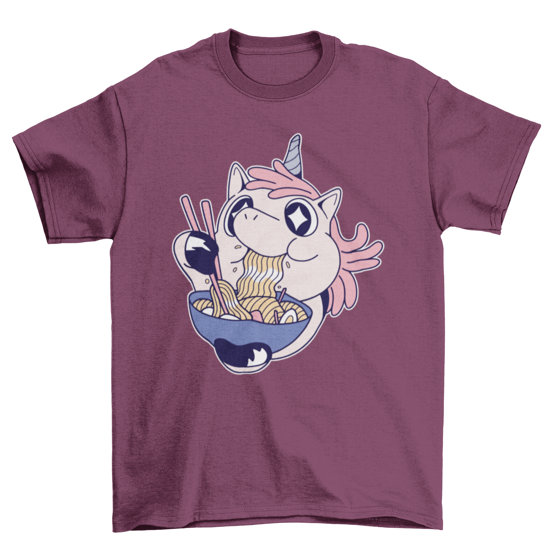 A cute t-shirt featuring a unicorn happily eating ramen, showcasing a whimsical design.
