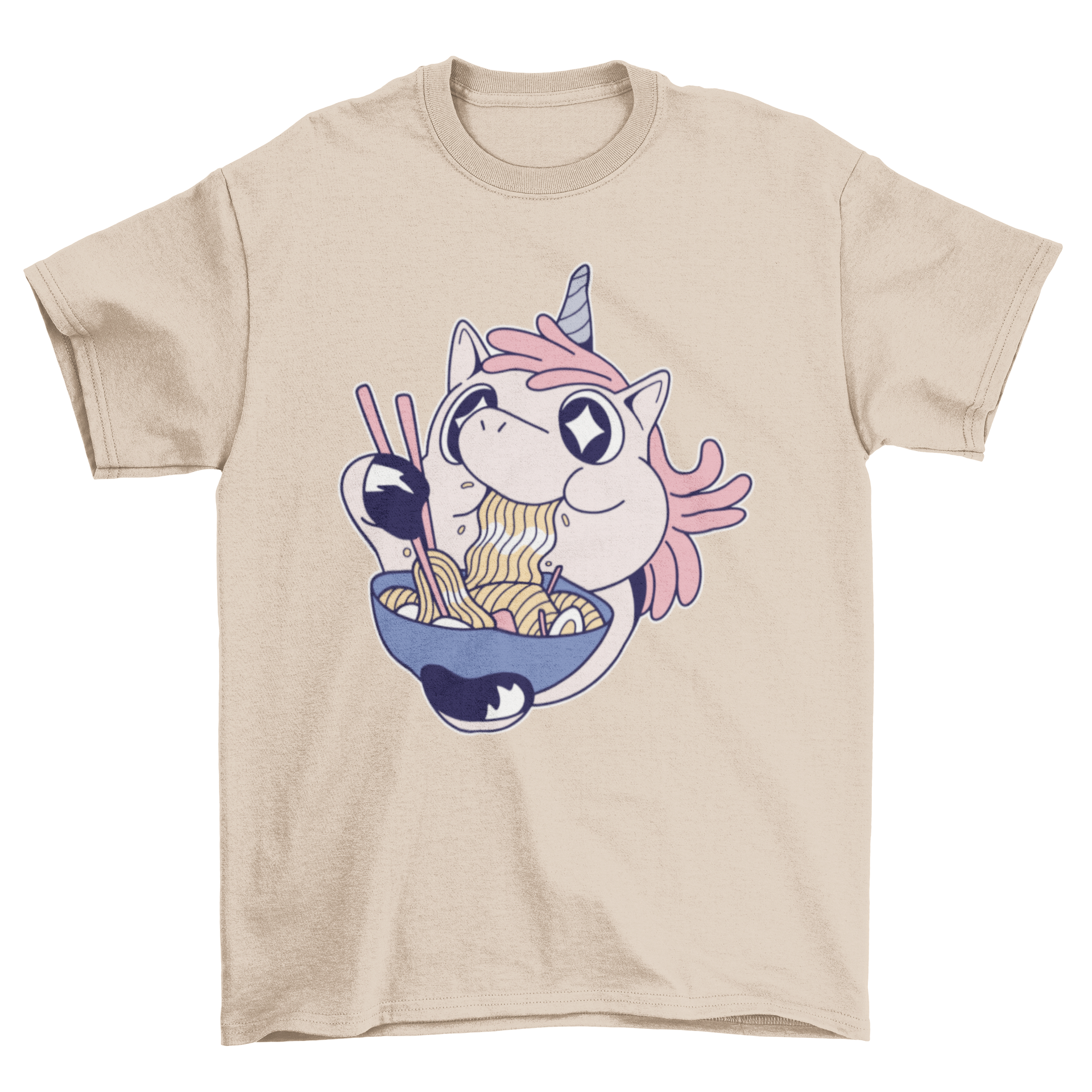 A cute t-shirt featuring a unicorn happily eating ramen, showcasing a whimsical design.