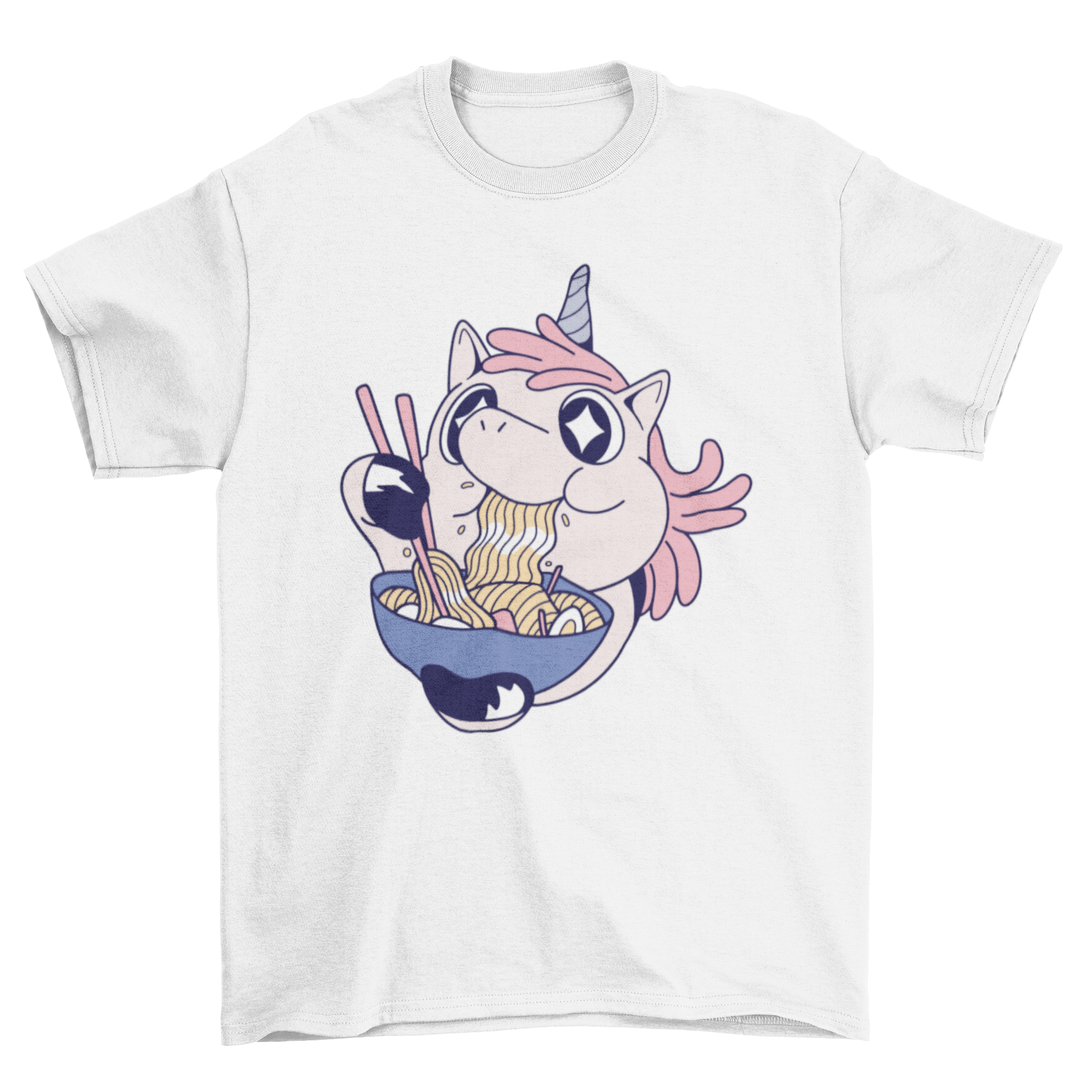 A cute t-shirt featuring a unicorn happily eating ramen, showcasing a whimsical design.