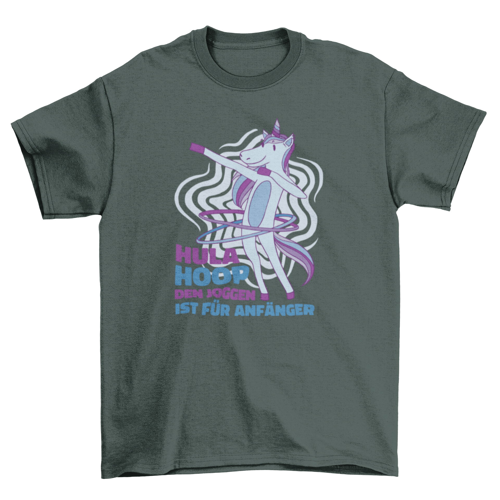 A colorful t-shirt featuring a unicorn dabbing while hula hooping, with a humorous German quote.