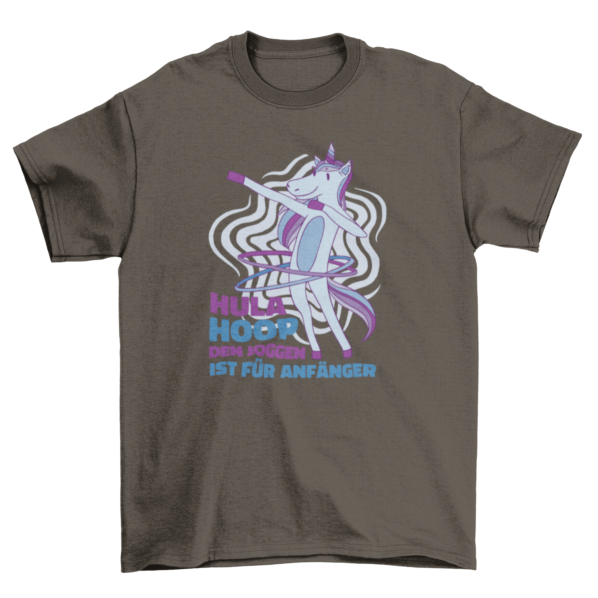 A colorful t-shirt featuring a unicorn dabbing while hula hooping, with a humorous German quote.