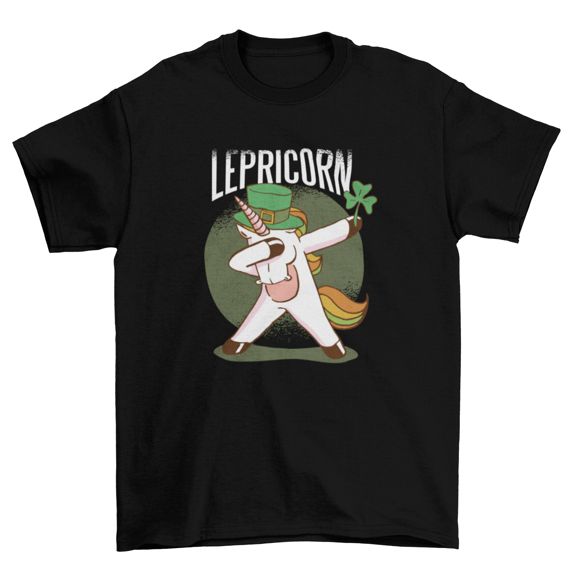 A colorful Unicorn Leprechaun T-Shirt featuring a unicorn with a green hat and shamrock, perfect for St. Patrick's Day celebrations.
