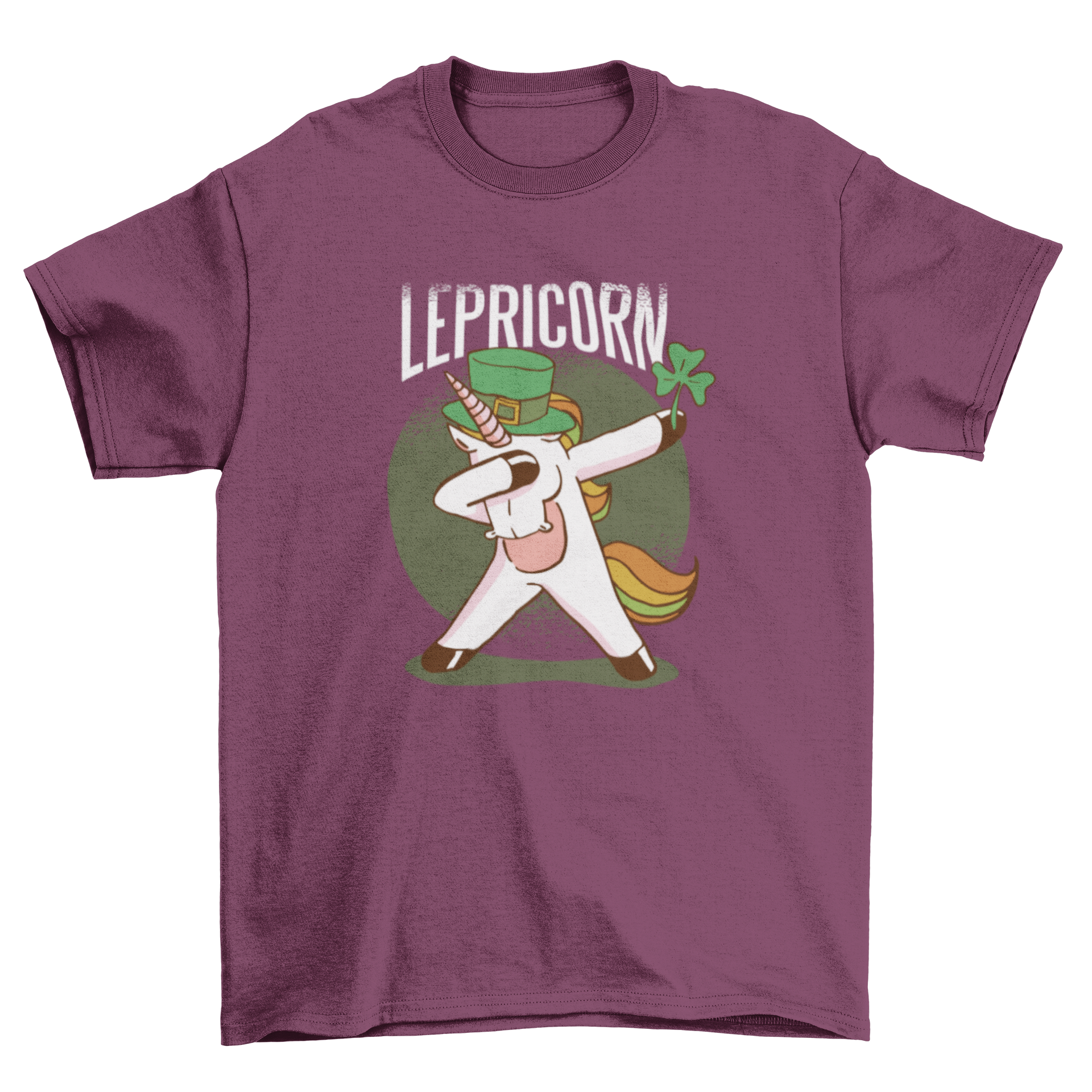 A colorful Unicorn Leprechaun T-Shirt featuring a unicorn with a green hat and shamrock, perfect for St. Patrick's Day celebrations.