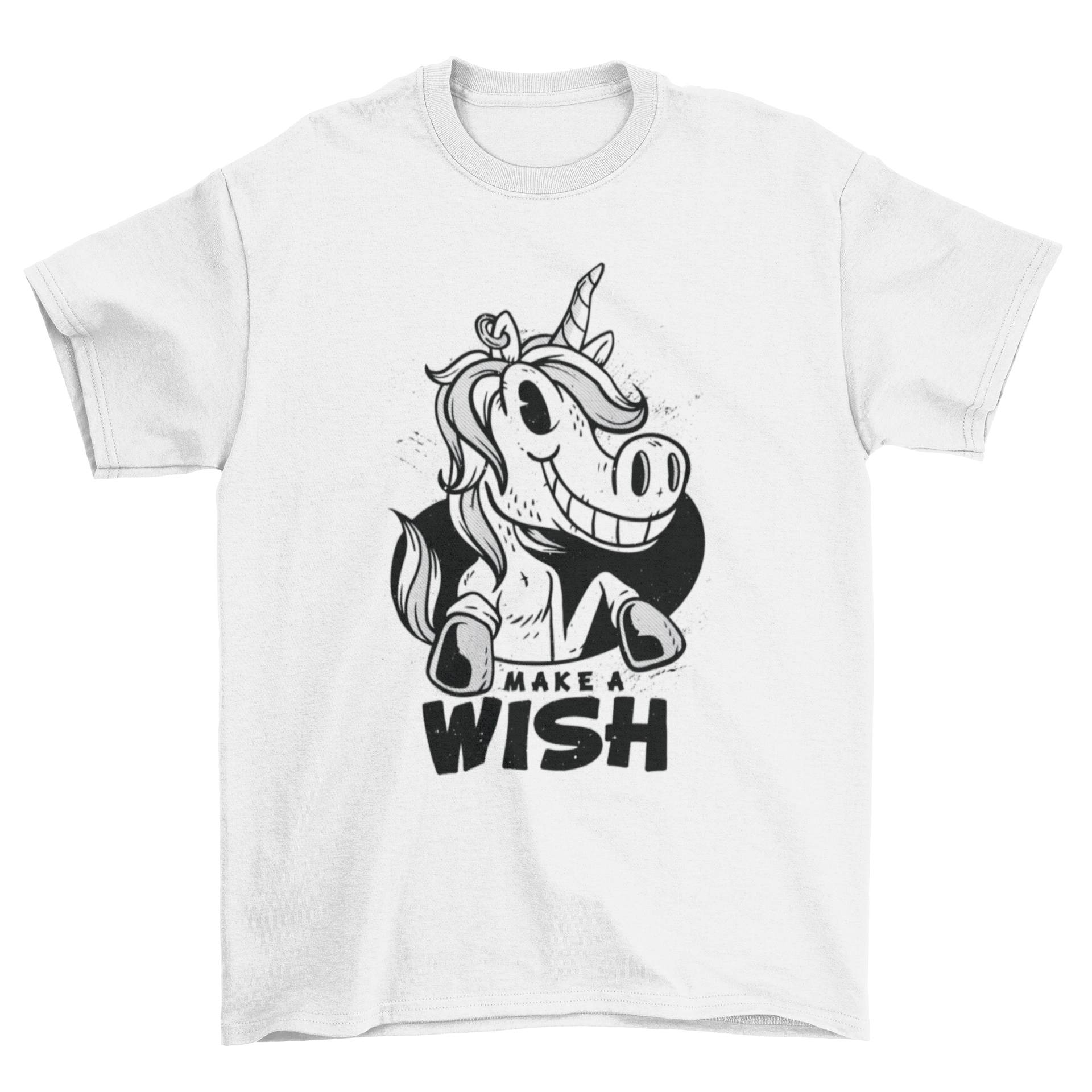 A stylish black and white t-shirt featuring a whimsical unicorn illustration and the phrase 'Make A Wish'.