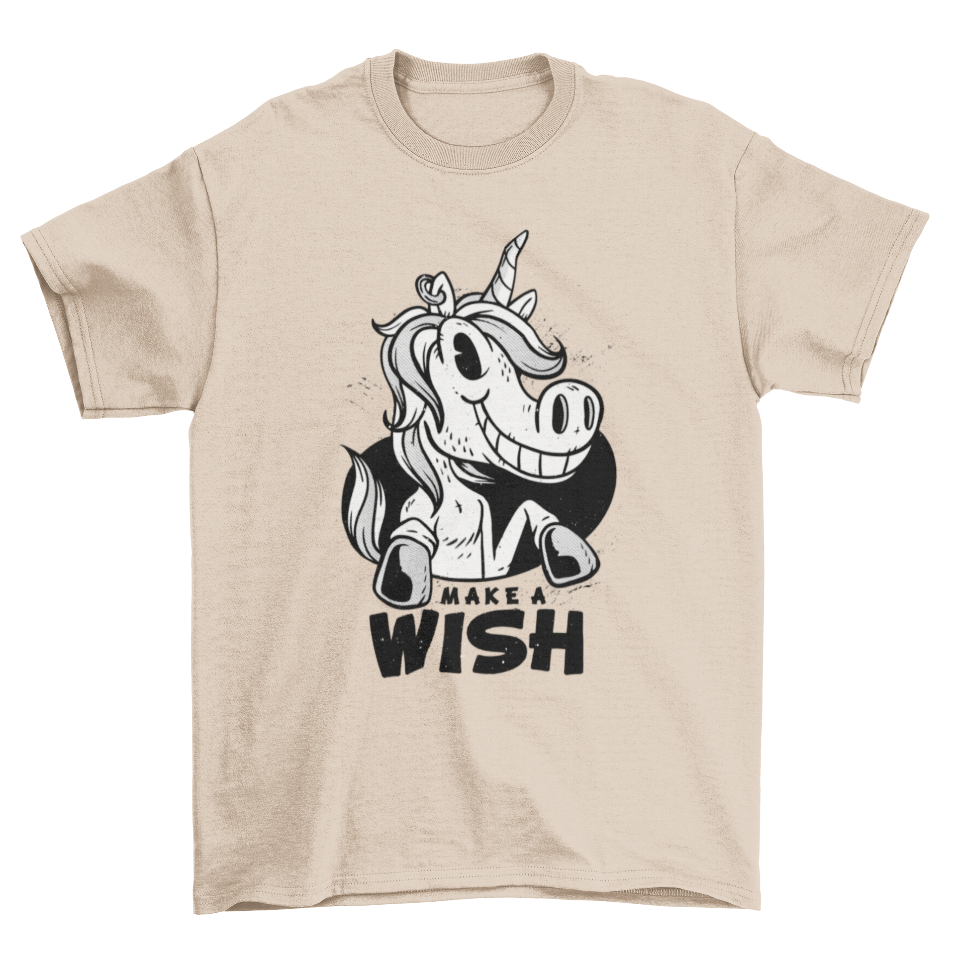 A stylish black and white t-shirt featuring a whimsical unicorn illustration and the phrase 'Make A Wish'.