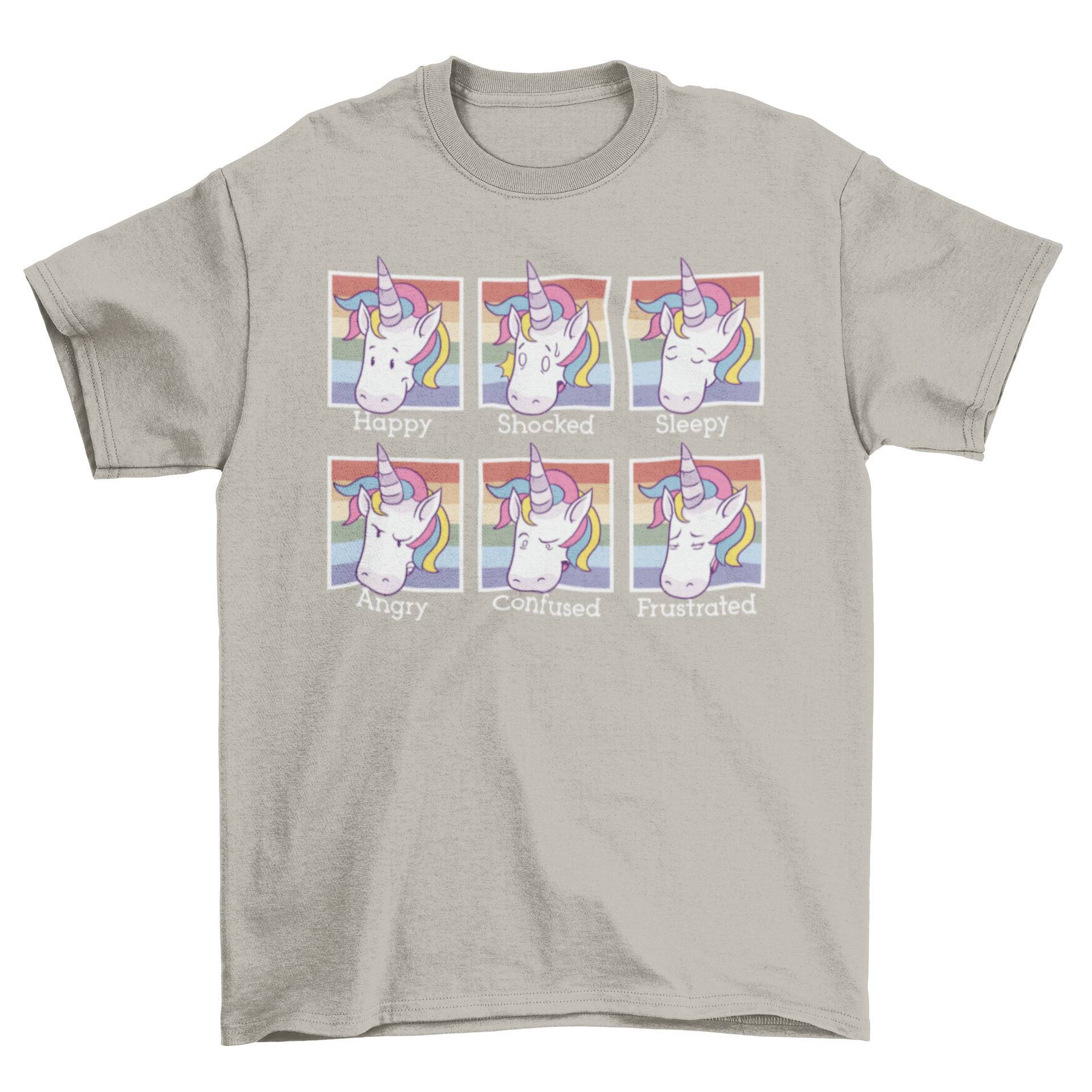 Colorful T-shirt design featuring various unicorn faces expressing different moods, showcasing vibrant colors and playful expressions.
