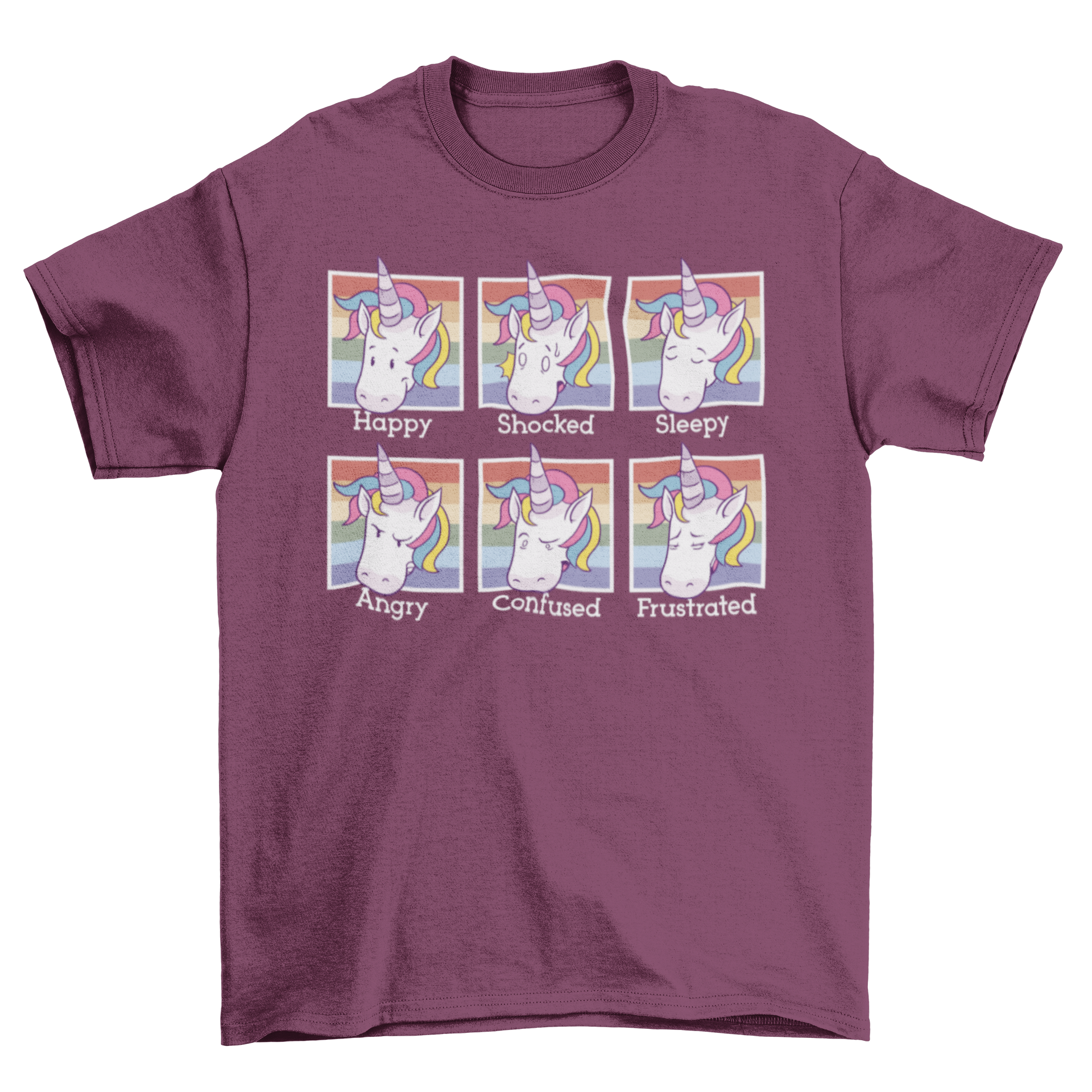 Colorful T-shirt design featuring various unicorn faces expressing different moods, showcasing vibrant colors and playful expressions.