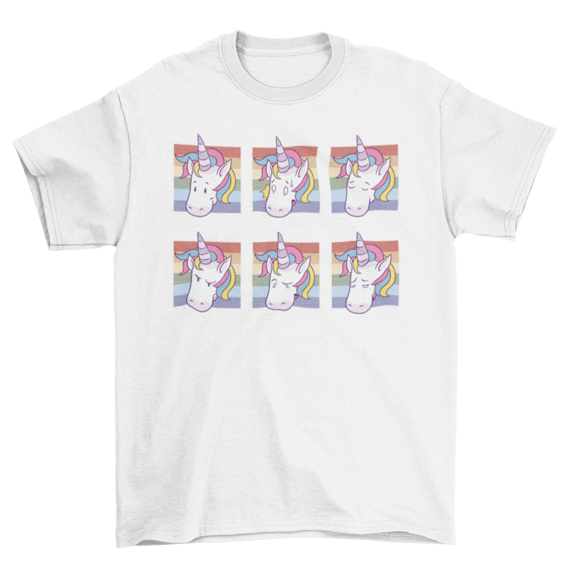 Colorful T-shirt design featuring various unicorn faces expressing different moods, showcasing vibrant colors and playful expressions.