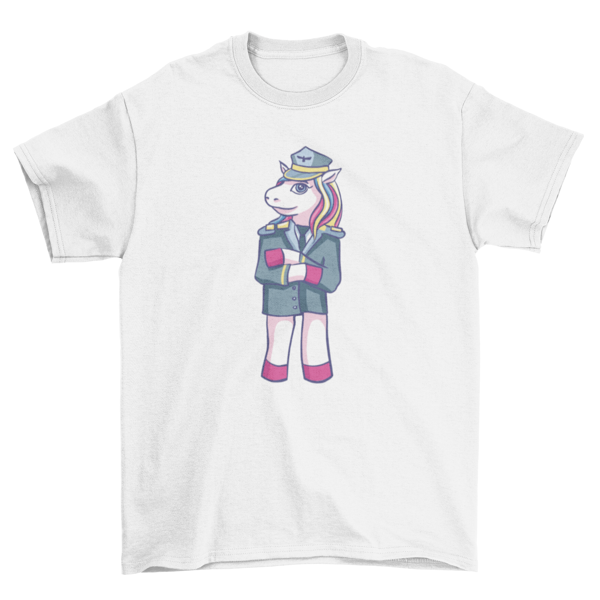 A colorful t-shirt featuring a unicorn dressed as an airplane pilot, showcasing a whimsical design.