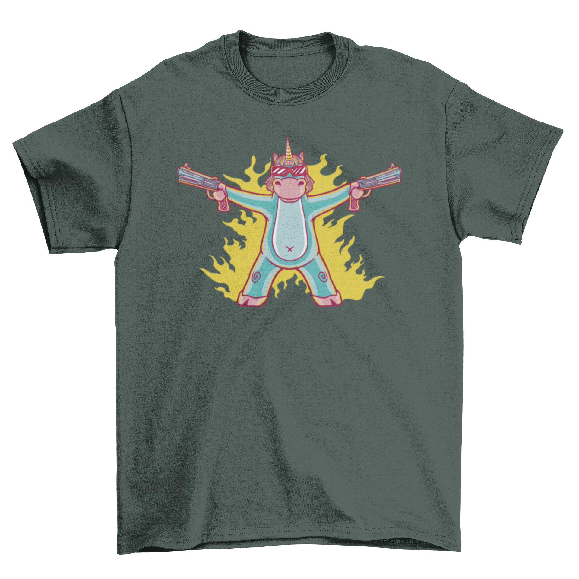 A colorful cartoon t-shirt featuring a unicorn wearing sunglasses and holding two guns, showcasing a fun and edgy design.