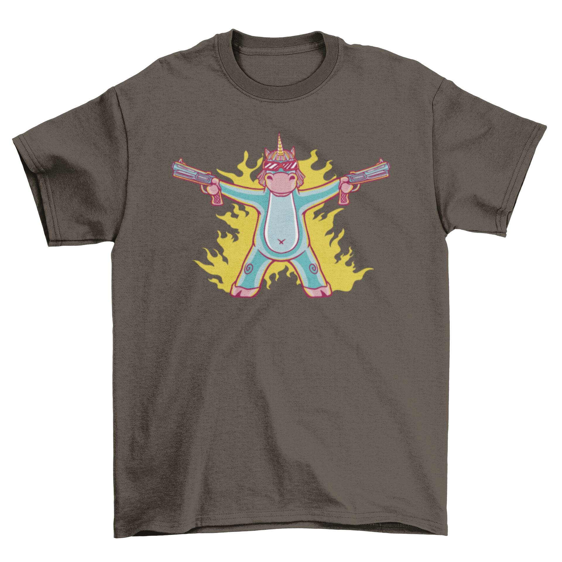 A colorful cartoon t-shirt featuring a unicorn wearing sunglasses and holding two guns, showcasing a fun and edgy design.