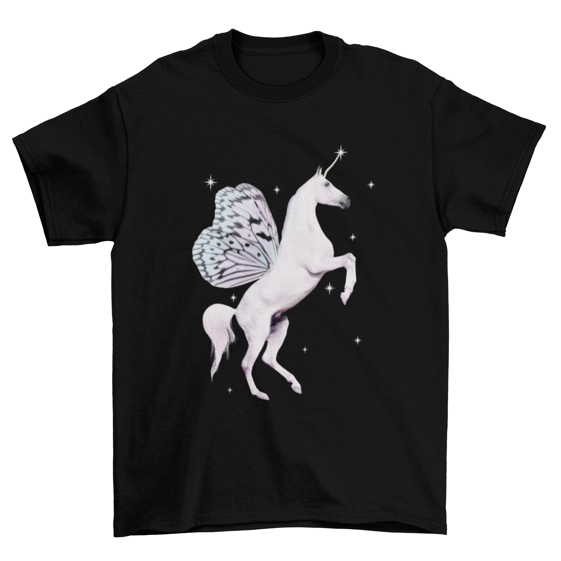 A colorful t-shirt featuring a unicorn with wings and sparkles, perfect for magical-themed outfits.