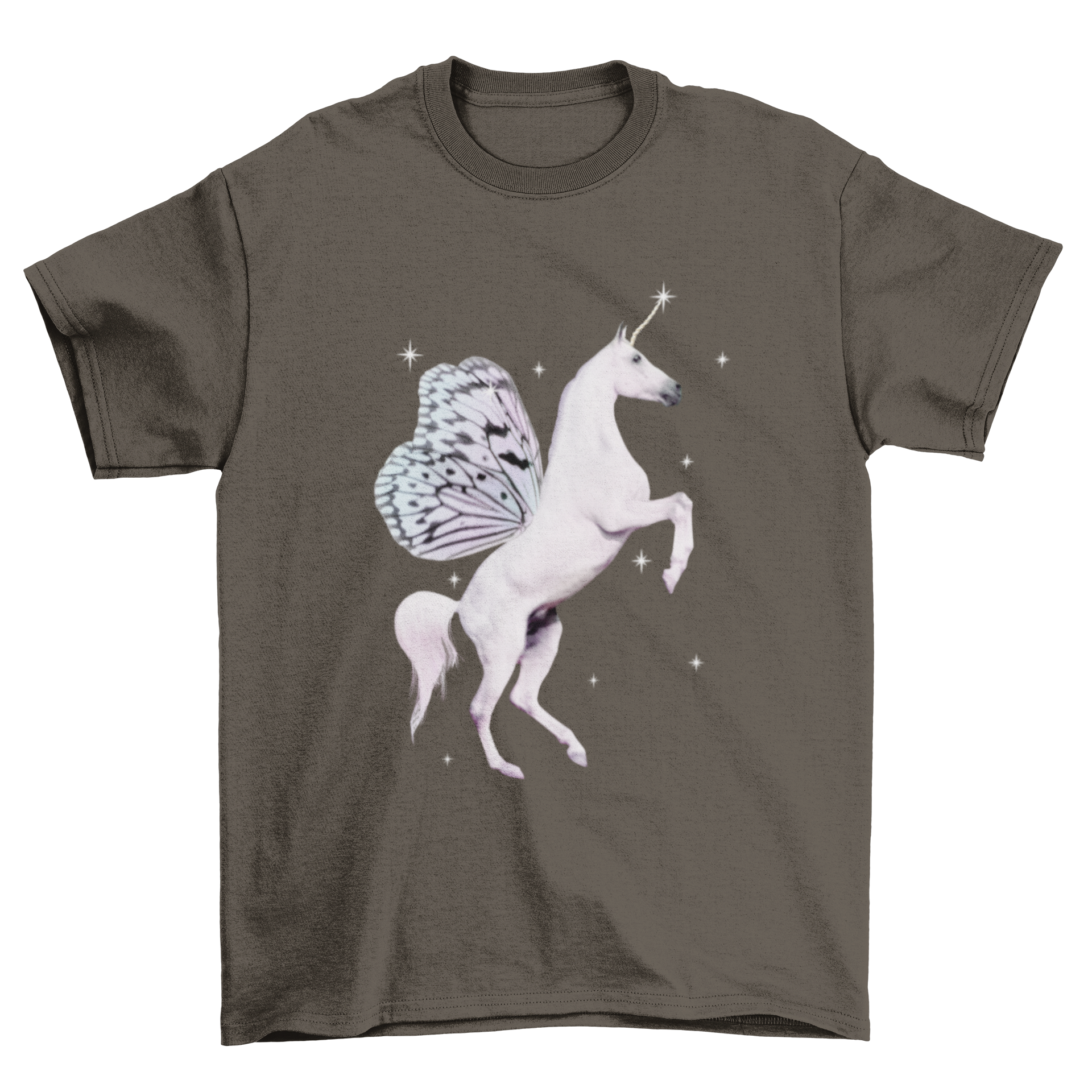 A colorful t-shirt featuring a unicorn with wings and sparkles, perfect for magical-themed outfits.