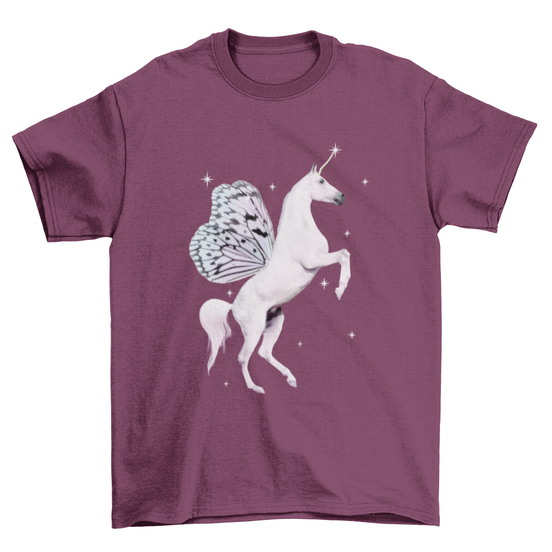 A colorful t-shirt featuring a unicorn with wings and sparkles, perfect for magical-themed outfits.