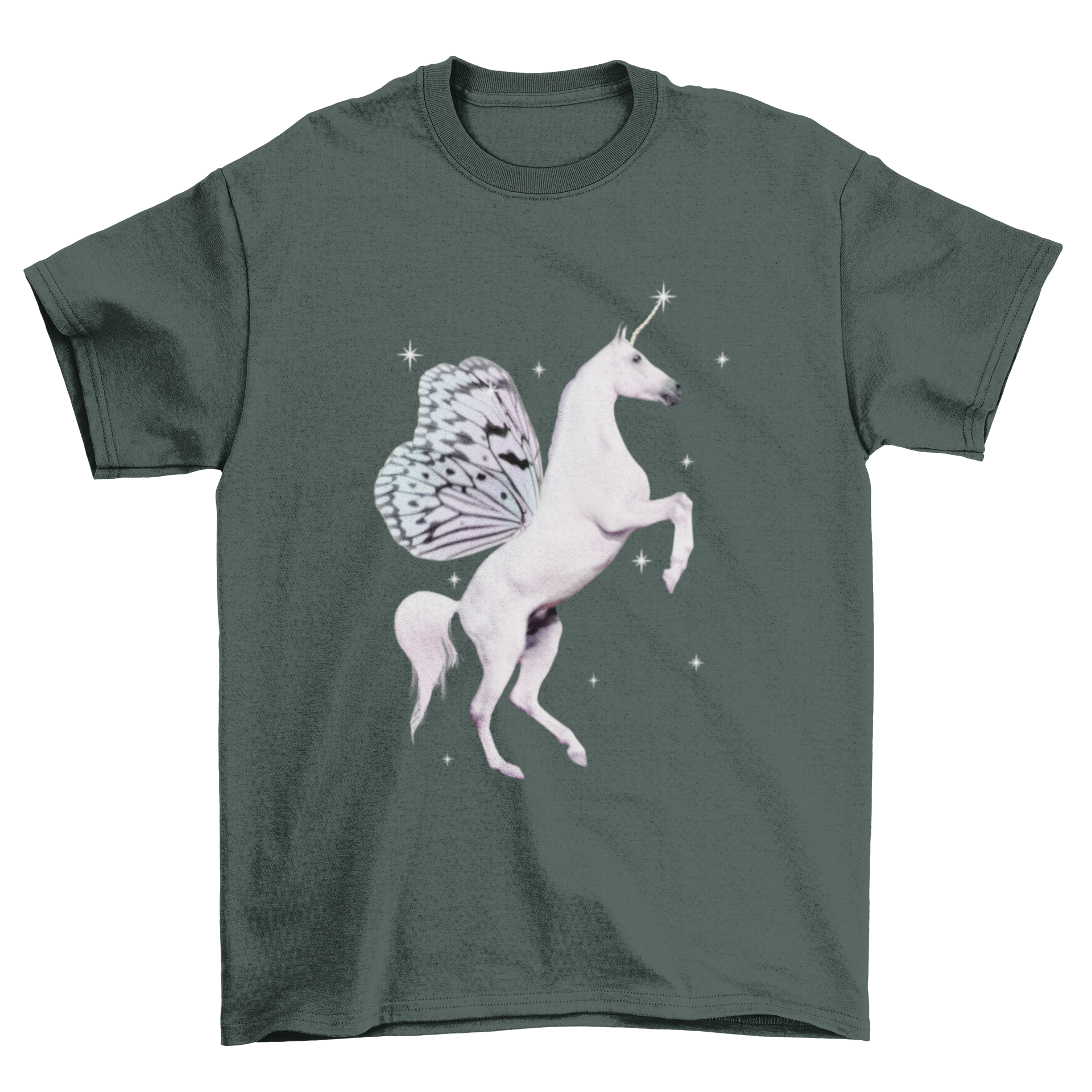 A colorful t-shirt featuring a unicorn with wings and sparkles, perfect for magical-themed outfits.