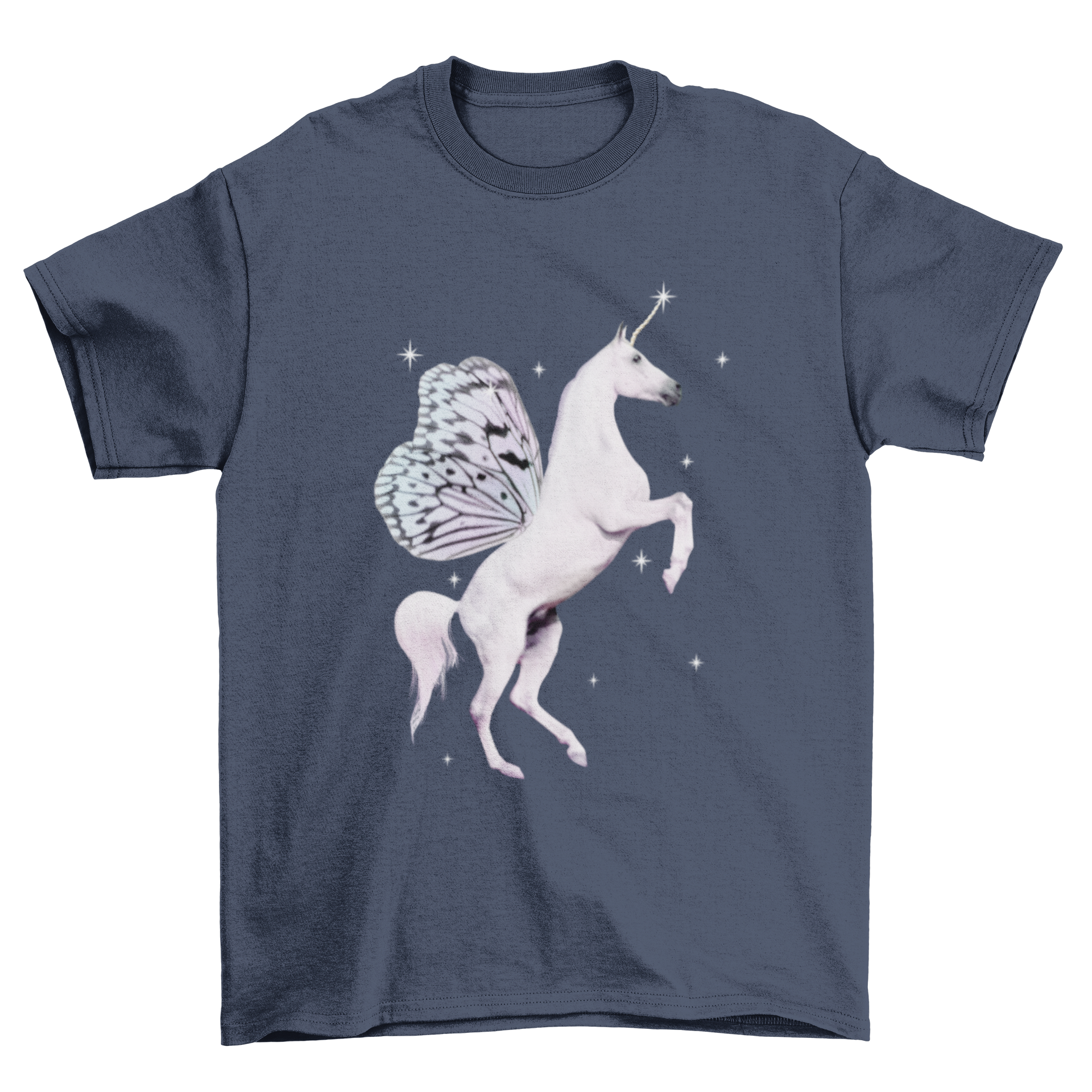 A colorful t-shirt featuring a unicorn with wings and sparkles, perfect for magical-themed outfits.