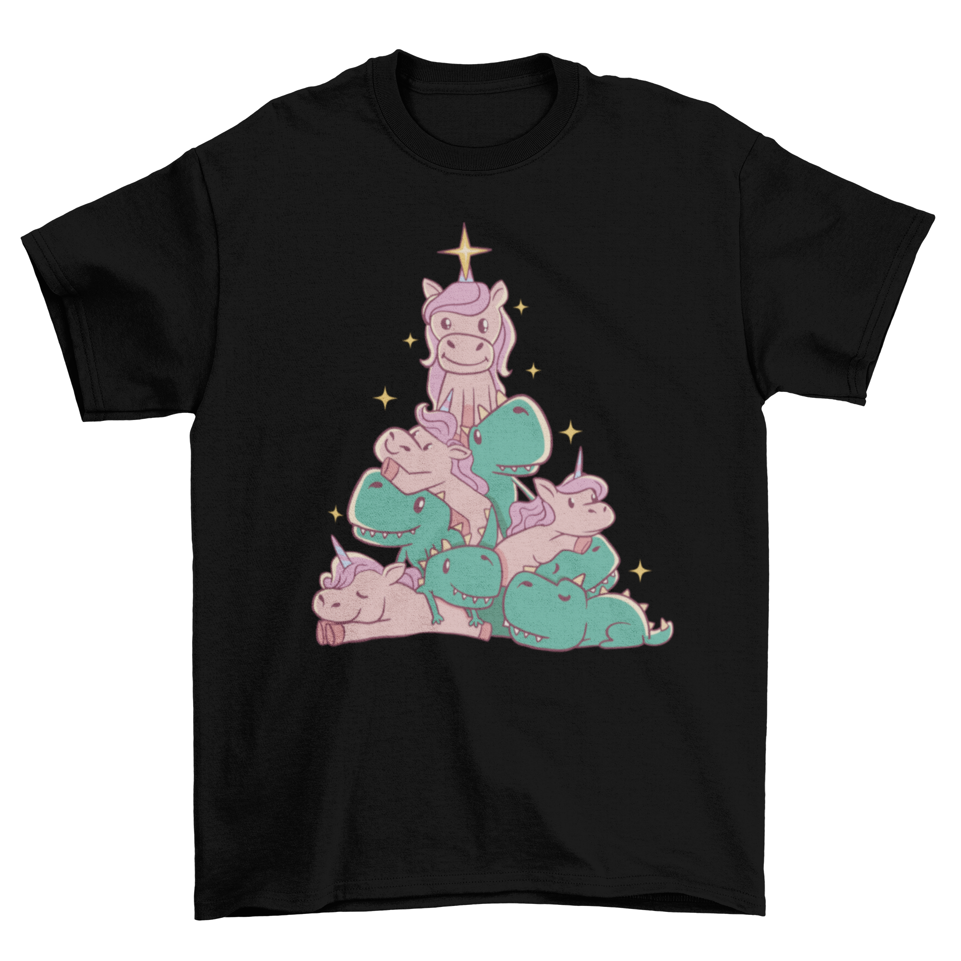 A colorful Christmas t-shirt featuring a Christmas tree design made of unicorns and T-rex dinosaurs, perfect for holiday celebrations.