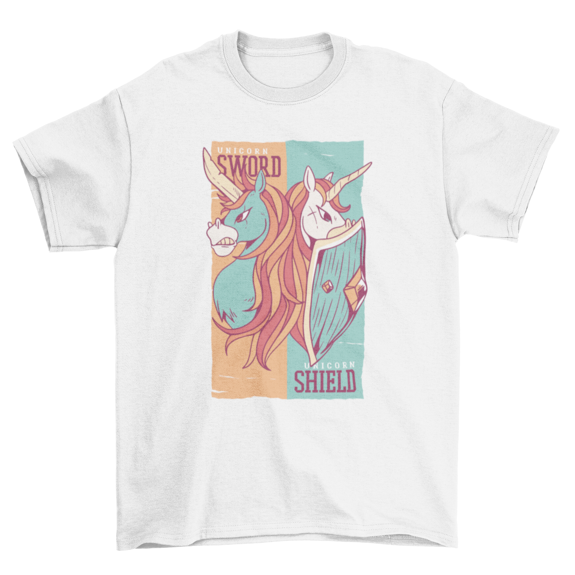 A vibrant t-shirt featuring a blue unicorn with a sword and a white unicorn with a shield, showcasing a magical design.