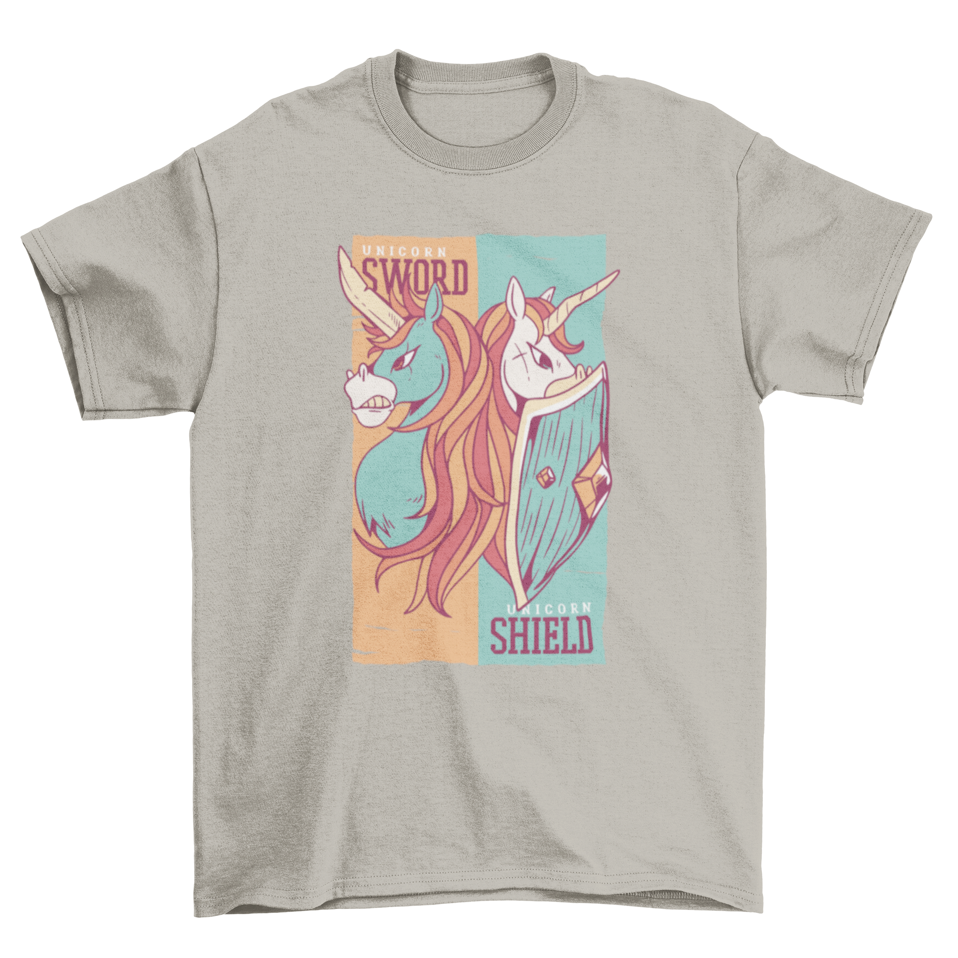 A vibrant t-shirt featuring a blue unicorn with a sword and a white unicorn with a shield, showcasing a magical design.