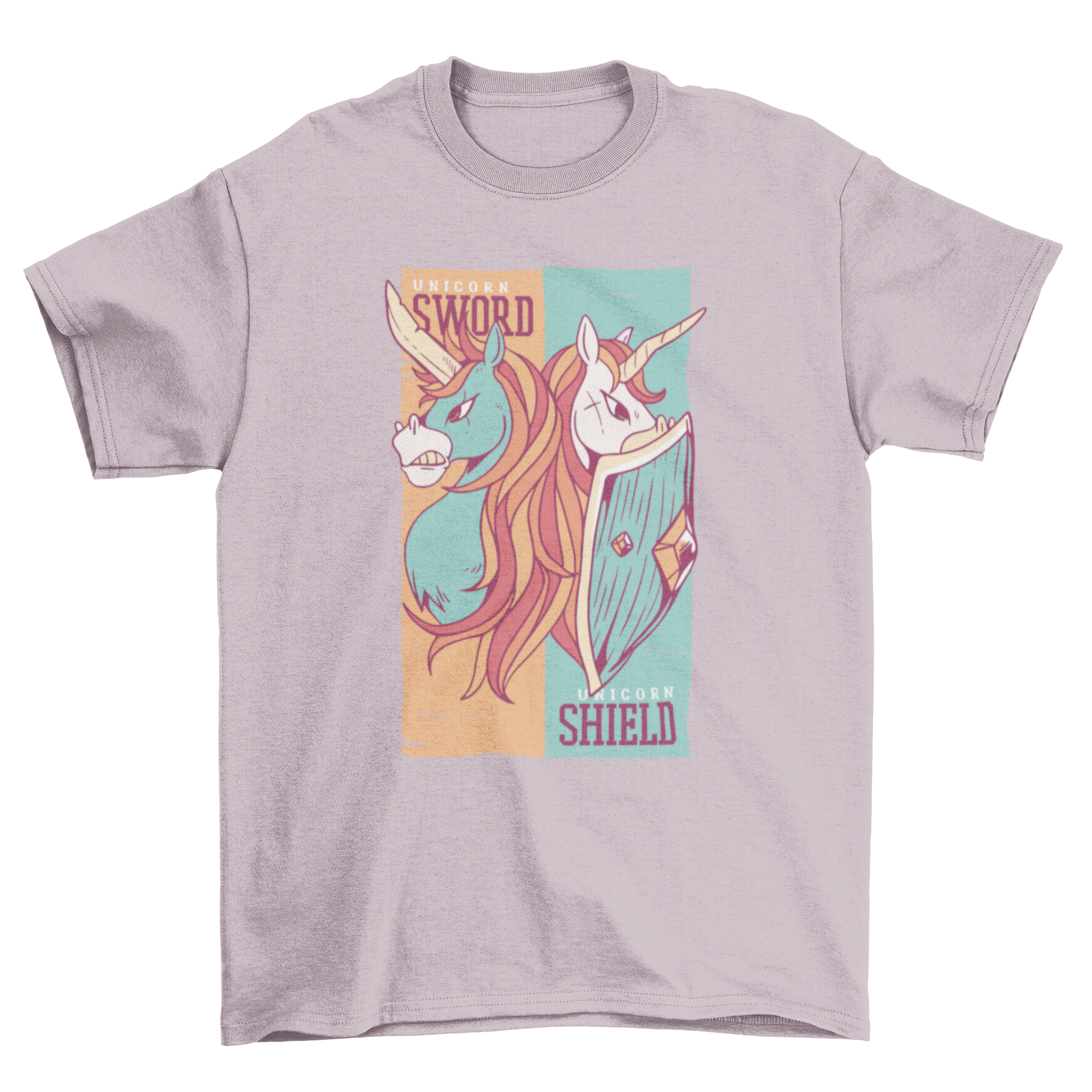 A vibrant t-shirt featuring a blue unicorn with a sword and a white unicorn with a shield, showcasing a magical design.
