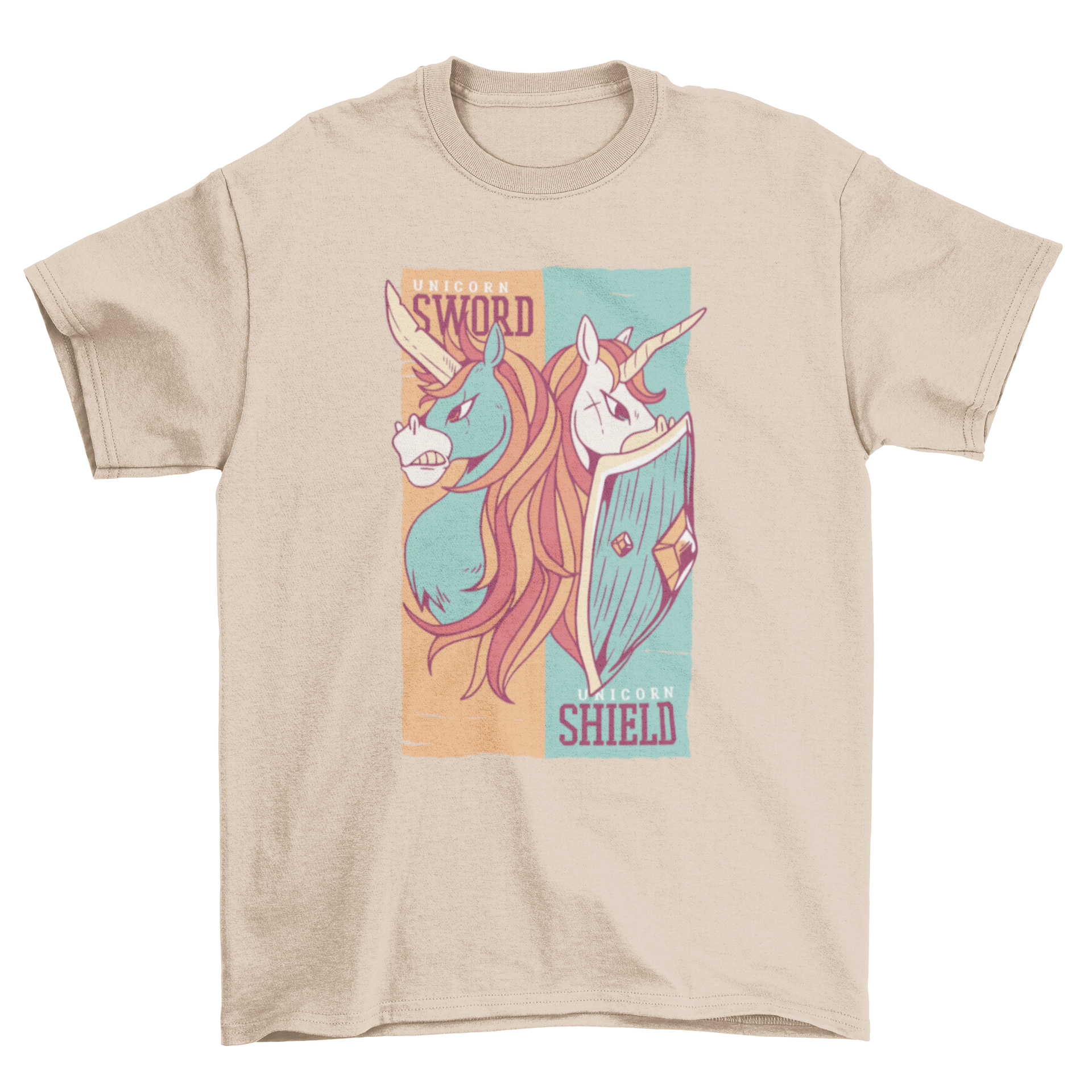A vibrant t-shirt featuring a blue unicorn with a sword and a white unicorn with a shield, showcasing a magical design.