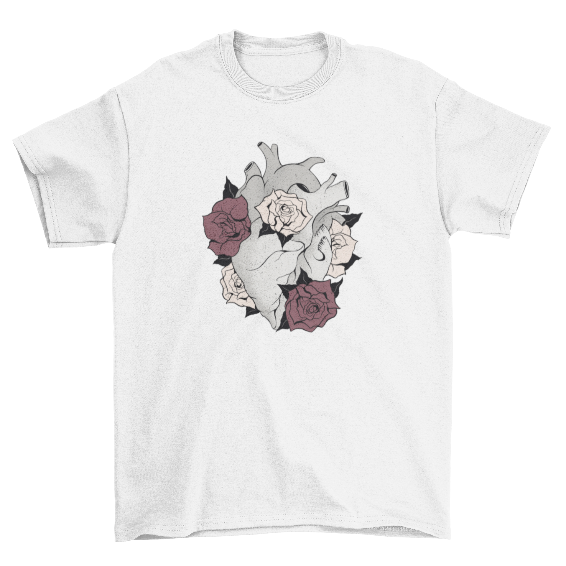 A stylish t-shirt featuring a grey heart surrounded by colorful flowers, showcasing a unique and artistic design.