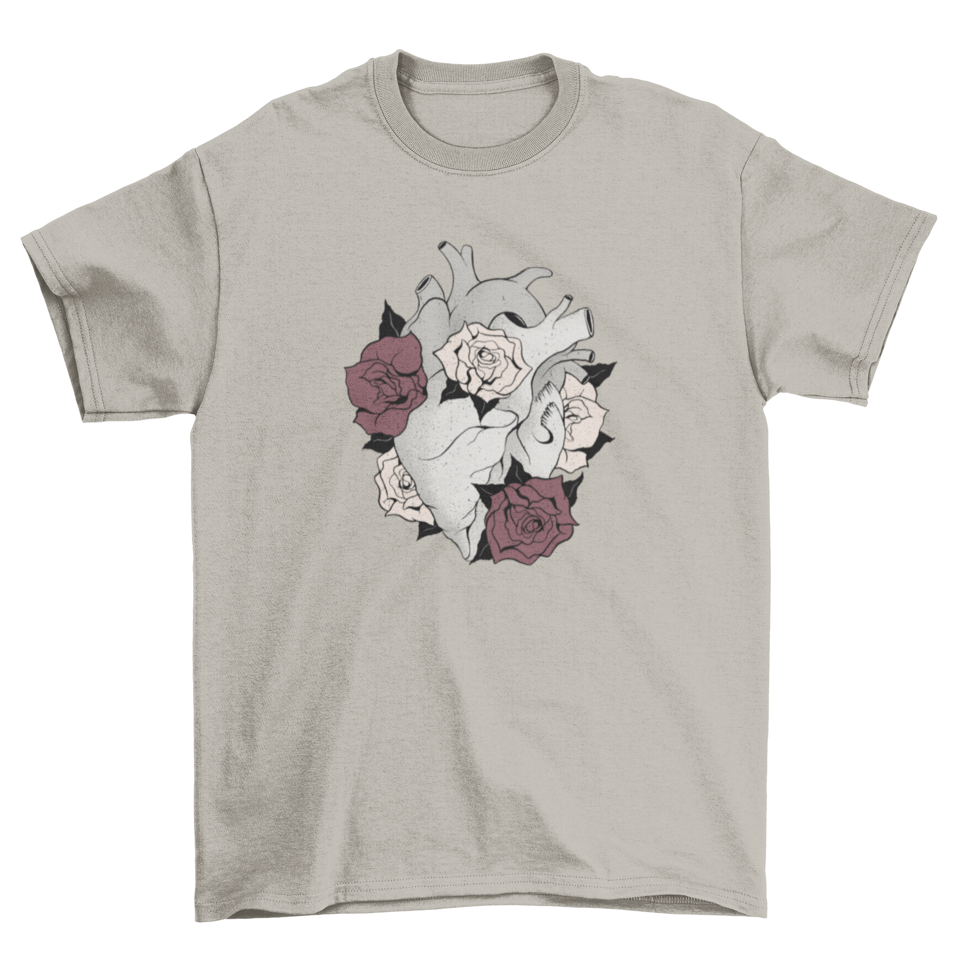 A stylish t-shirt featuring a grey heart surrounded by colorful flowers, showcasing a unique and artistic design.