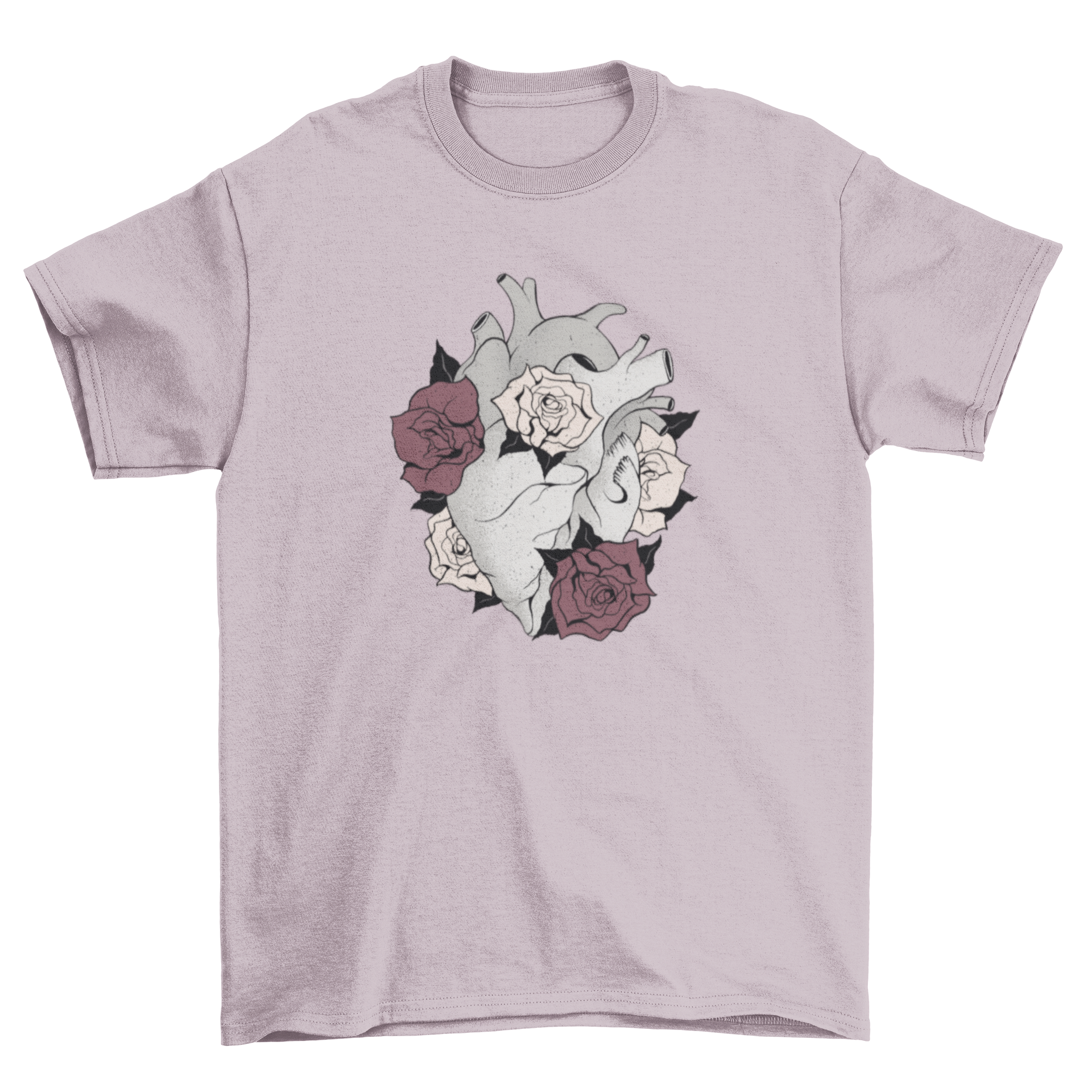 A stylish t-shirt featuring a grey heart surrounded by colorful flowers, showcasing a unique and artistic design.