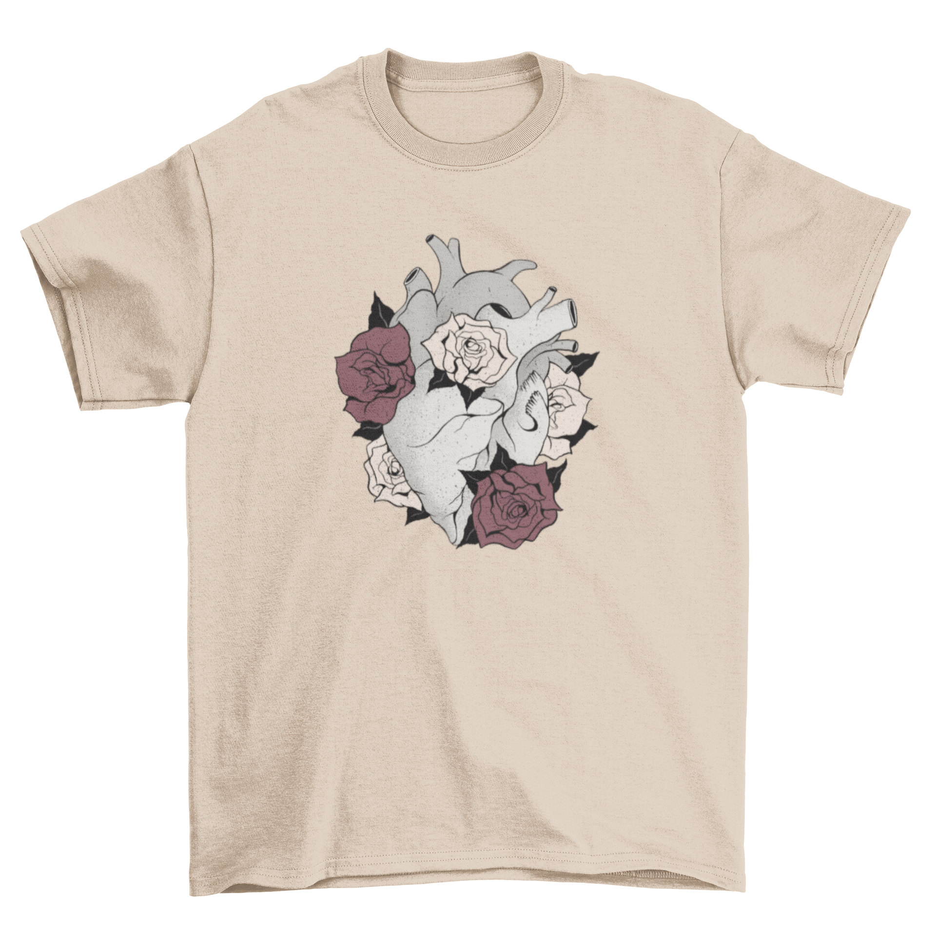 A stylish t-shirt featuring a grey heart surrounded by colorful flowers, showcasing a unique and artistic design.
