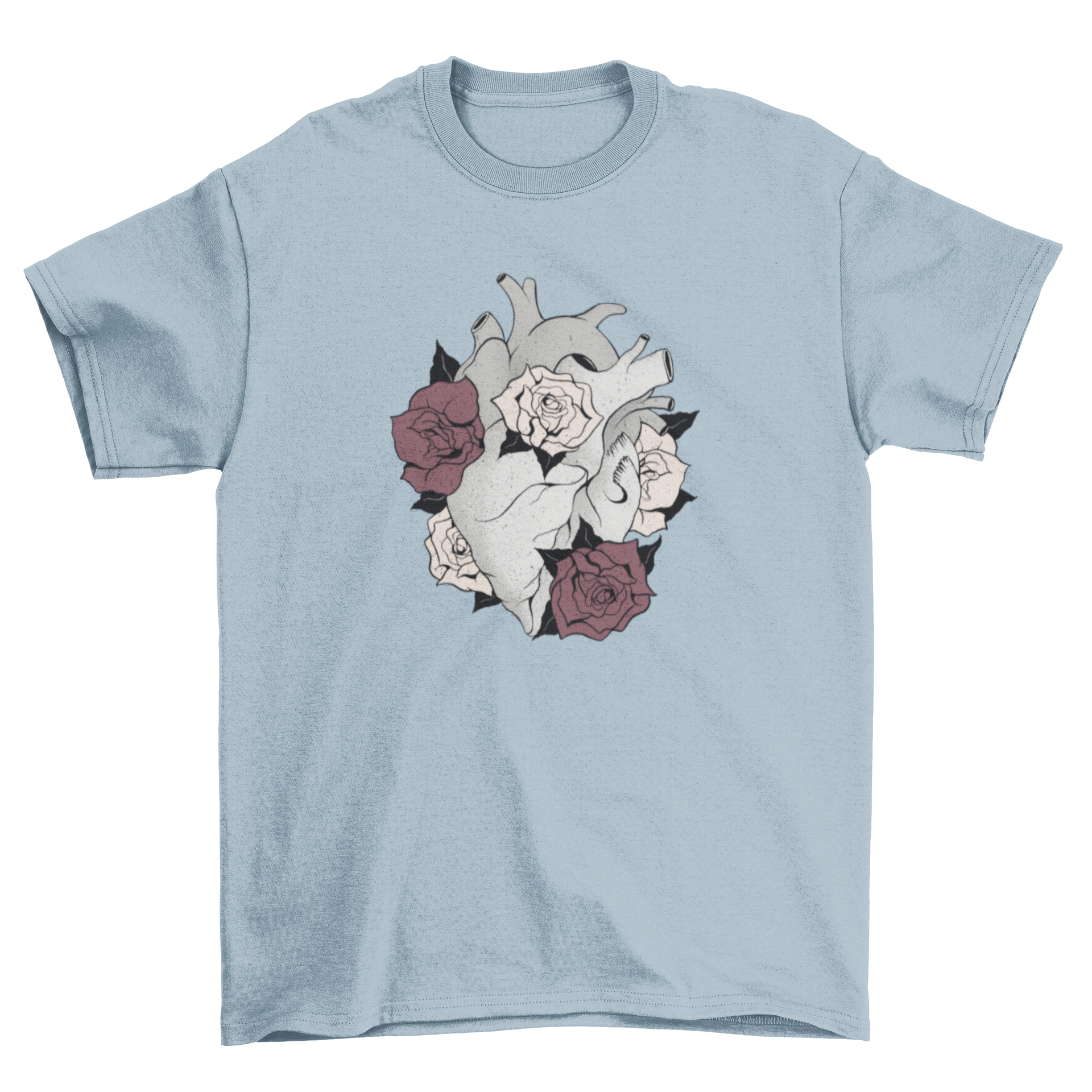 A stylish t-shirt featuring a grey heart surrounded by colorful flowers, showcasing a unique and artistic design.