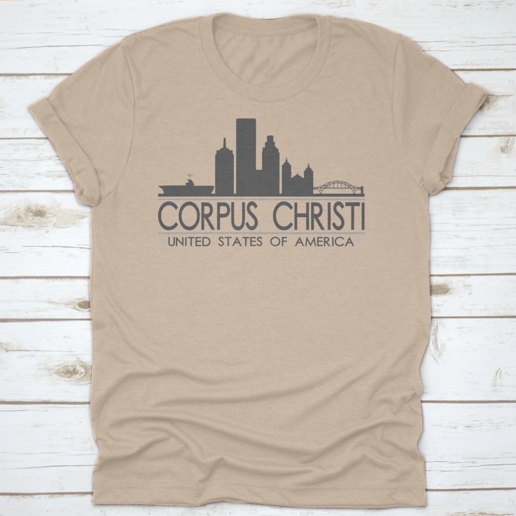 A stylish cotton t-shirt featuring the Corpus Christi Texas skyline design, perfect for travel lovers.