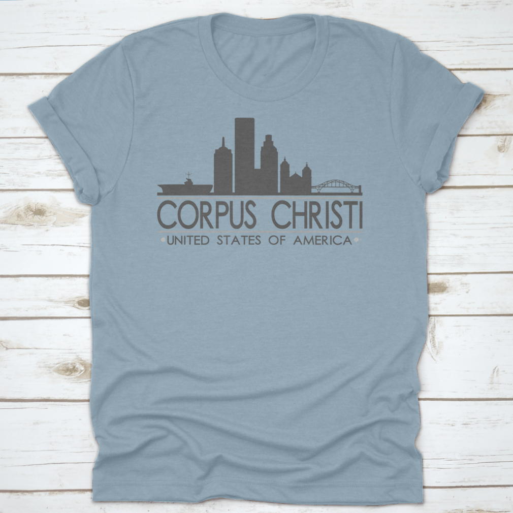 A stylish cotton t-shirt featuring the Corpus Christi Texas skyline design, perfect for travel lovers.